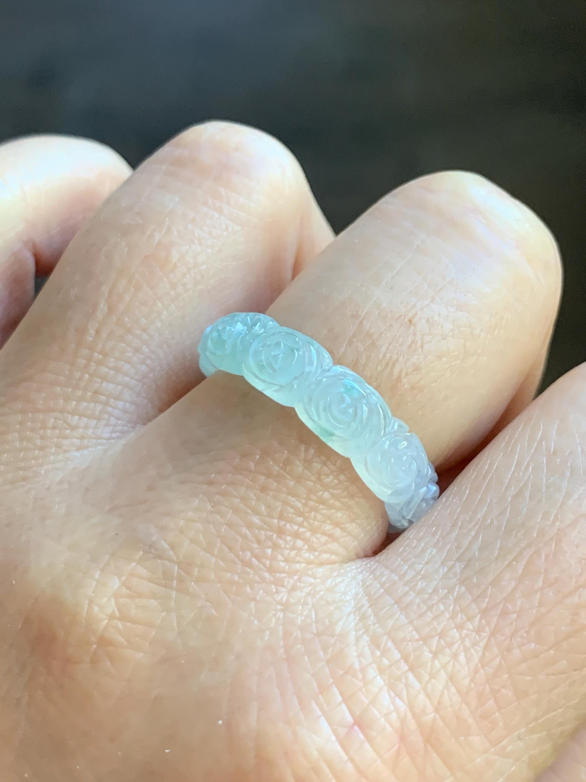 Certified Grade A Natural Icy Translucent White Green Marbled Jade Jadeite Carved Rose Band Ring Comfort Fit Size 8.25 US 天然白冰胶飘花翡翠玫瑰花戒圈 108