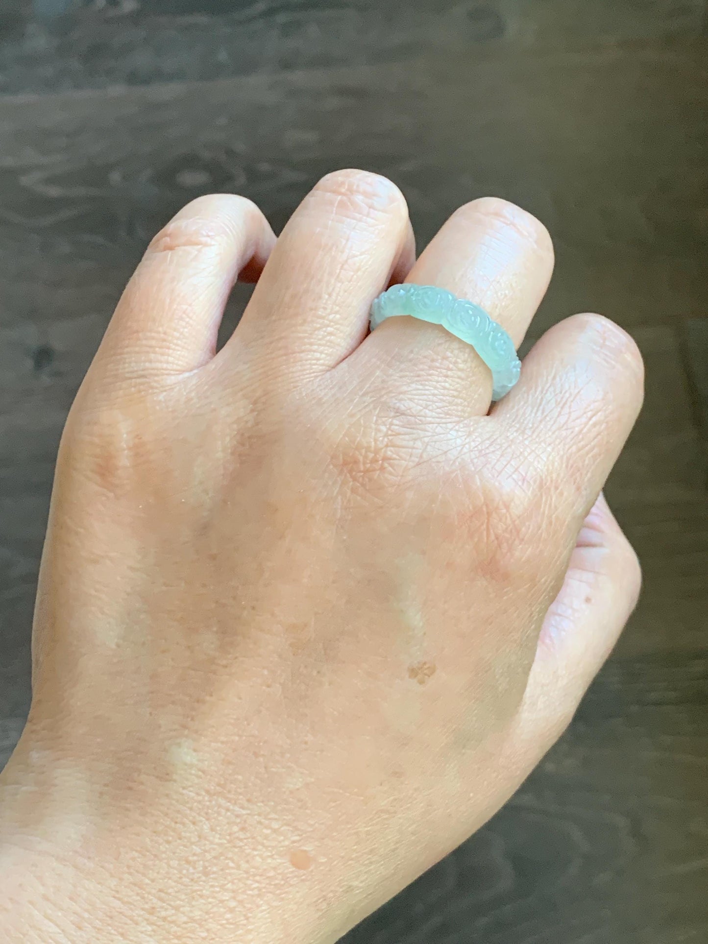 Certified Grade A Natural Icy Translucent White Green Marbled Jade Jadeite Carved Rose Band Ring Comfort Fit Size 8.25 US 天然白冰胶飘花翡翠玫瑰花戒圈 108