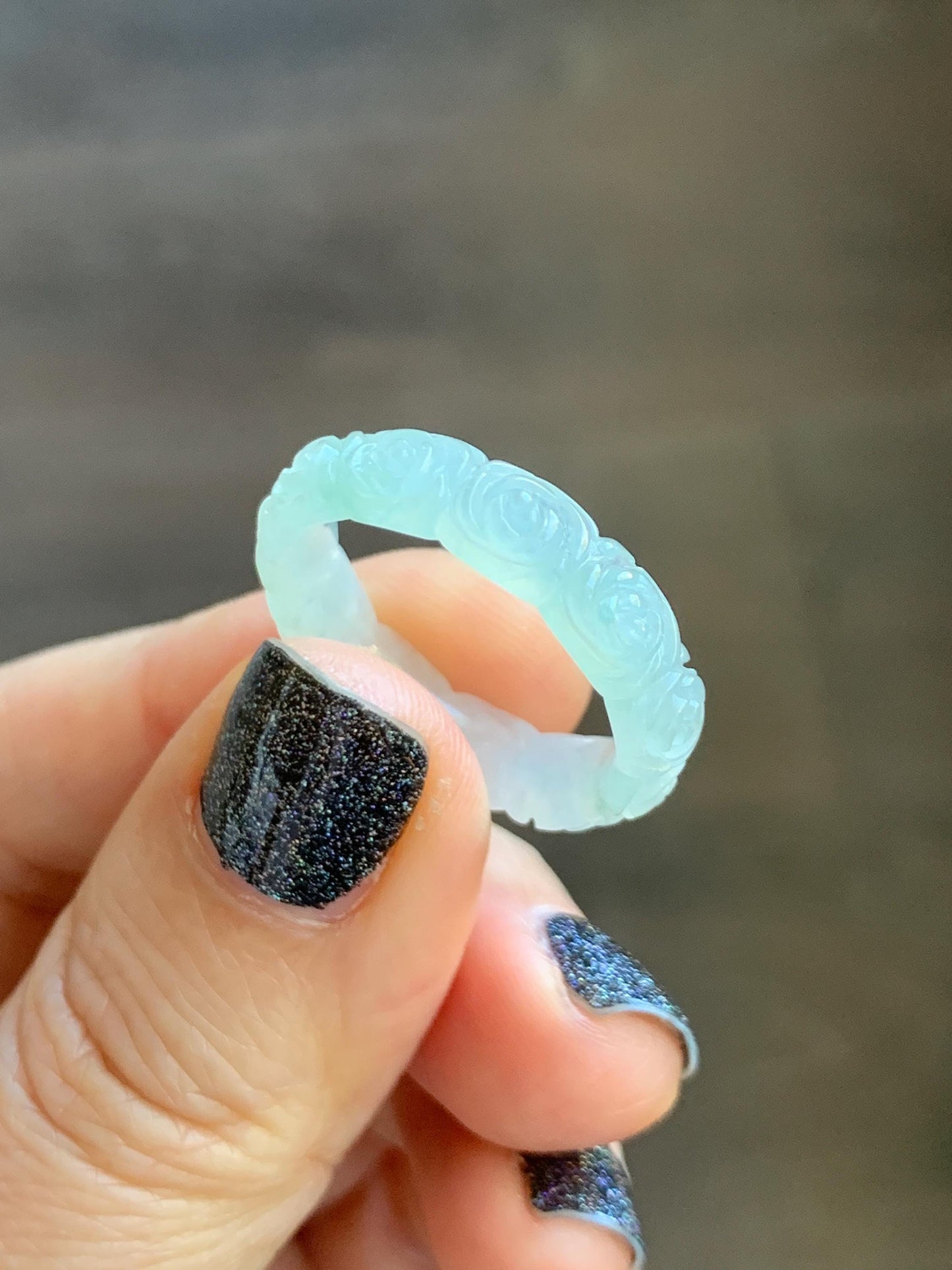 Certified Grade A Natural Icy Translucent White Green Marbled Jade Jadeite Carved Rose Band Ring Comfort Fit Size 8.25 US 天然白冰胶飘花翡翠玫瑰花戒圈 108