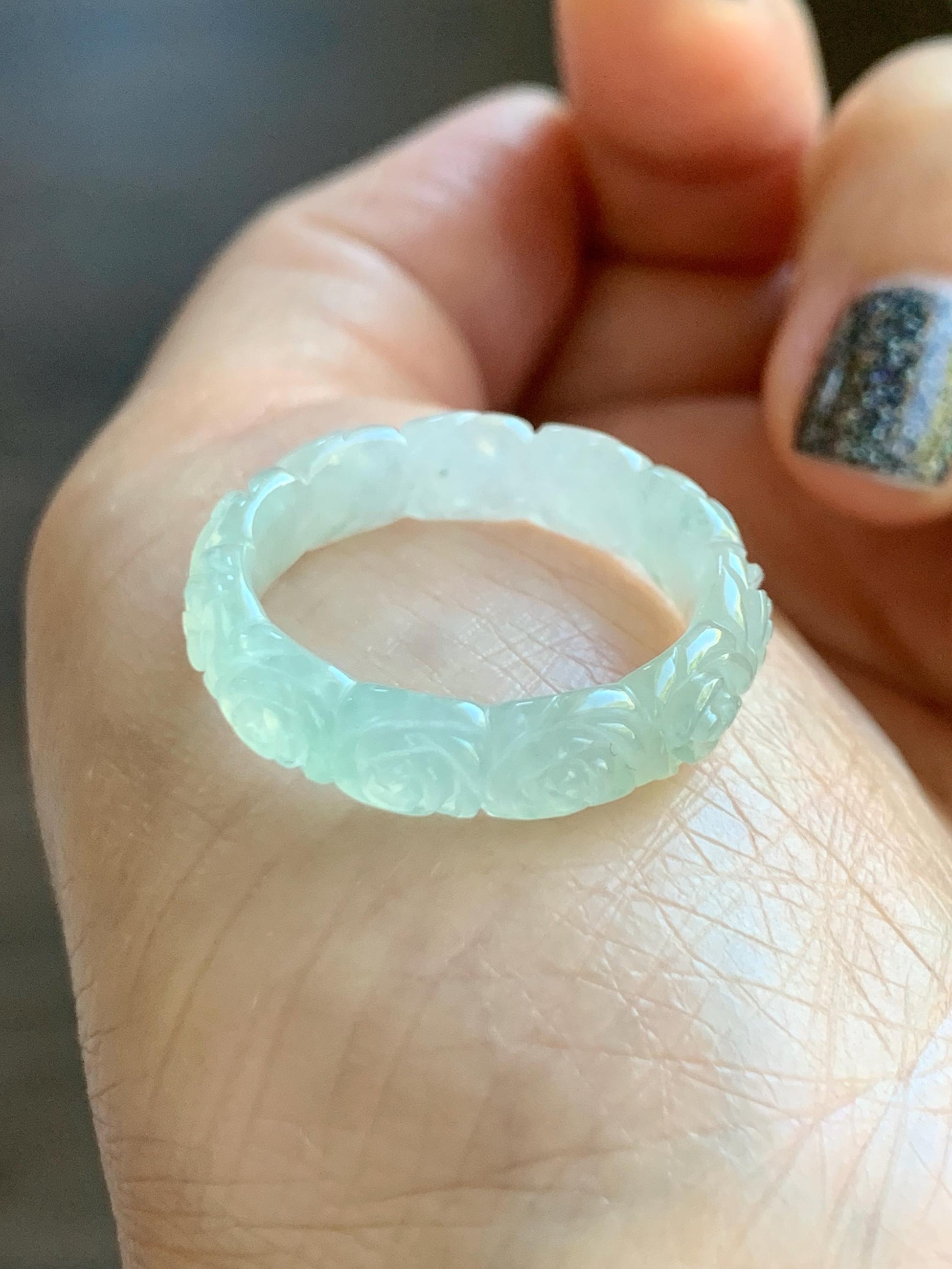 Certified Grade A Natural Icy Translucent White Green Marbled Jade Jadeite Carved Rose Band Ring Comfort Fit Size 8.25 US 天然白冰胶飘花翡翠玫瑰花戒圈 108