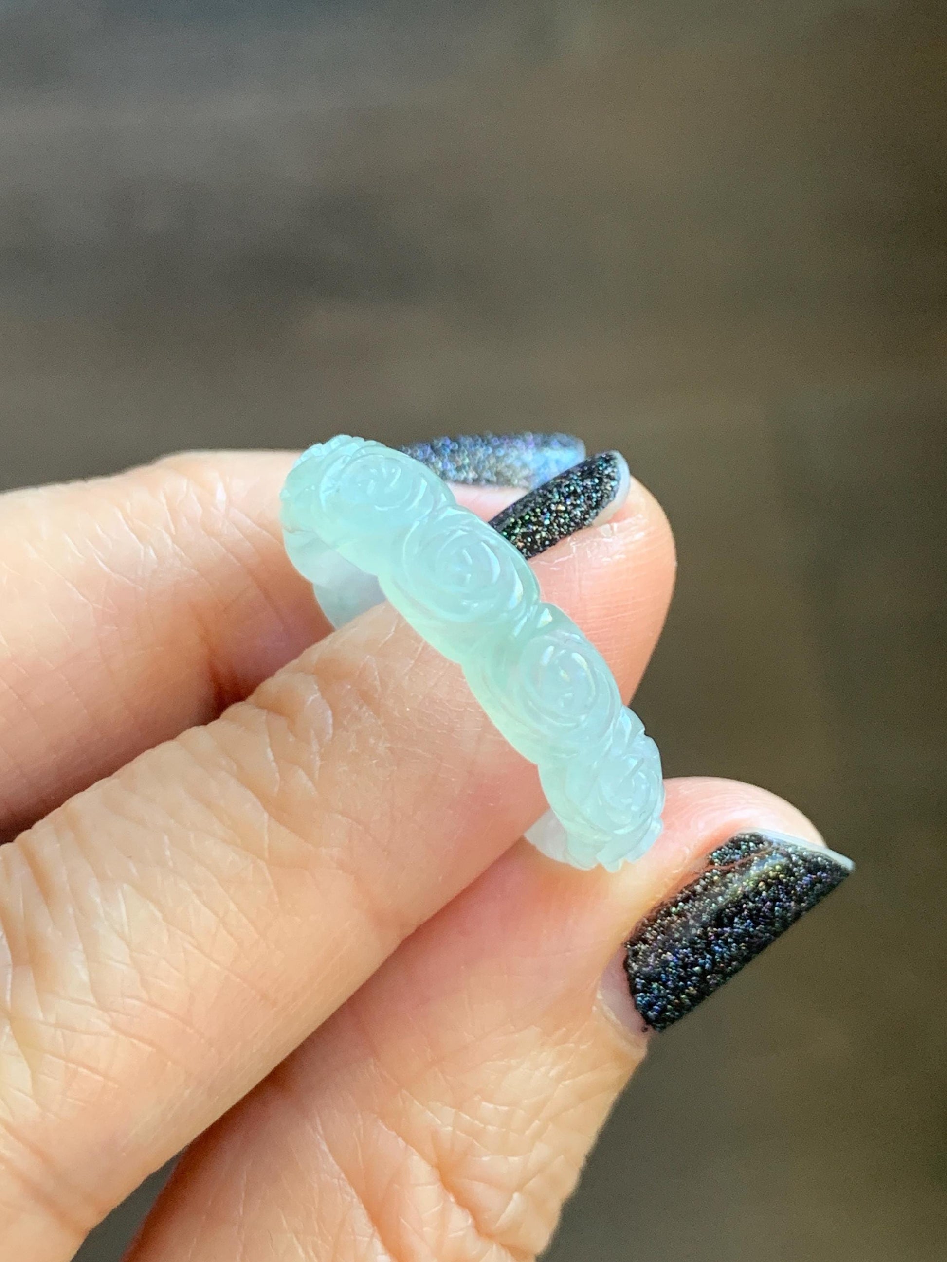 Certified Grade A Natural Icy Translucent White Green Marbled Jade Jadeite Carved Rose Band Ring Comfort Fit Size 8.25 US 天然白冰胶飘花翡翠玫瑰花戒圈 108