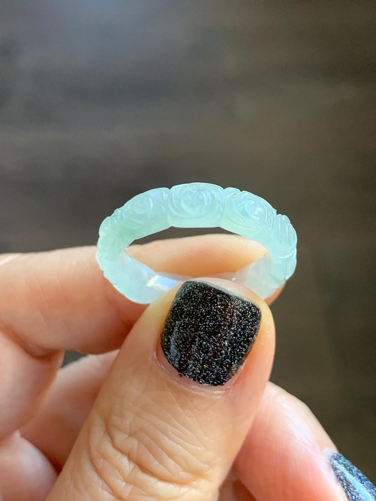 Certified Grade A Natural Icy Translucent White Green Marbled Jade Jadeite Carved Rose Band Ring Comfort Fit Size 8.25 US 天然白冰胶飘花翡翠玫瑰花戒圈 108