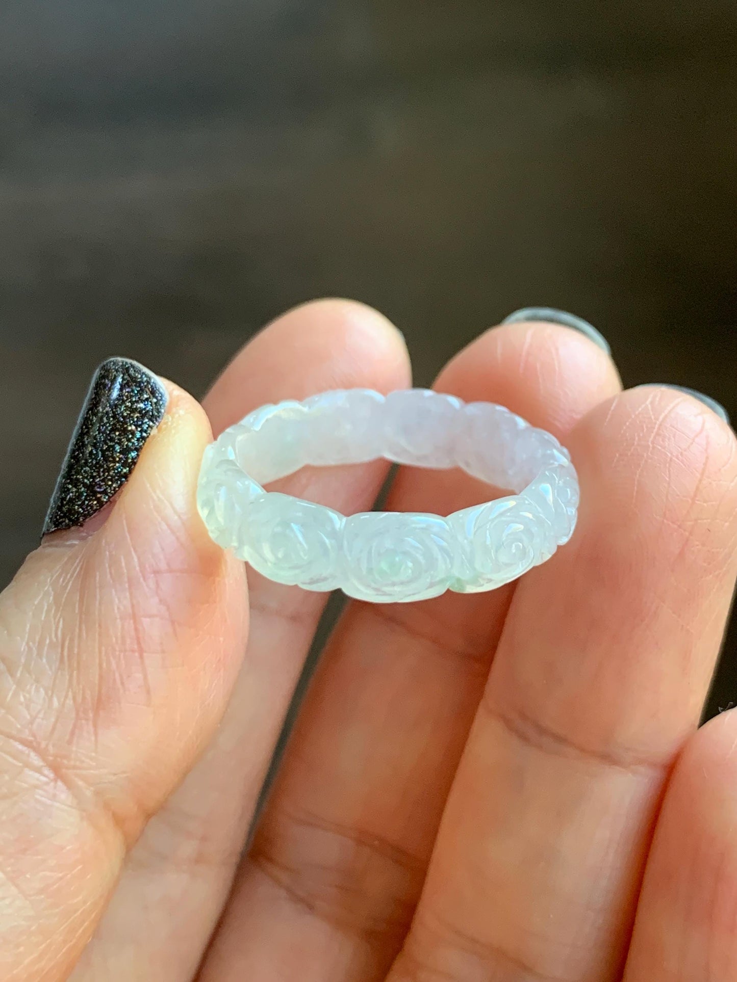 Certified Grade A Natural Icy Translucent White Green Marbled Jade Jadeite Carved Rose Band Ring Comfort Fit Size 8.25 US 天然白冰胶飘花翡翠玫瑰花戒圈 106