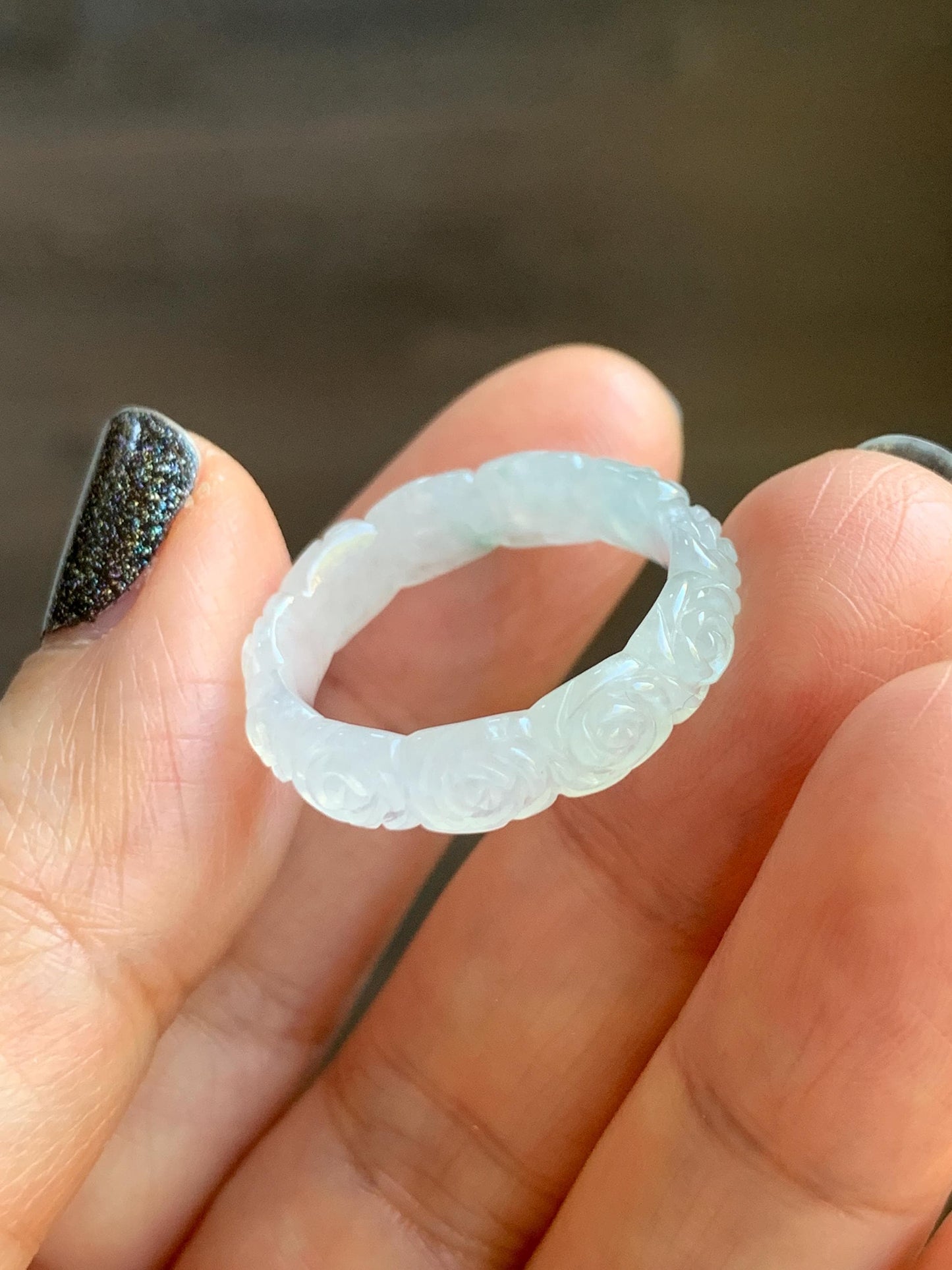 Certified Grade A Natural Icy Translucent White Green Marbled Jade Jadeite Carved Rose Band Ring Comfort Fit Size 8.25 US 天然白冰胶飘花翡翠玫瑰花戒圈 106