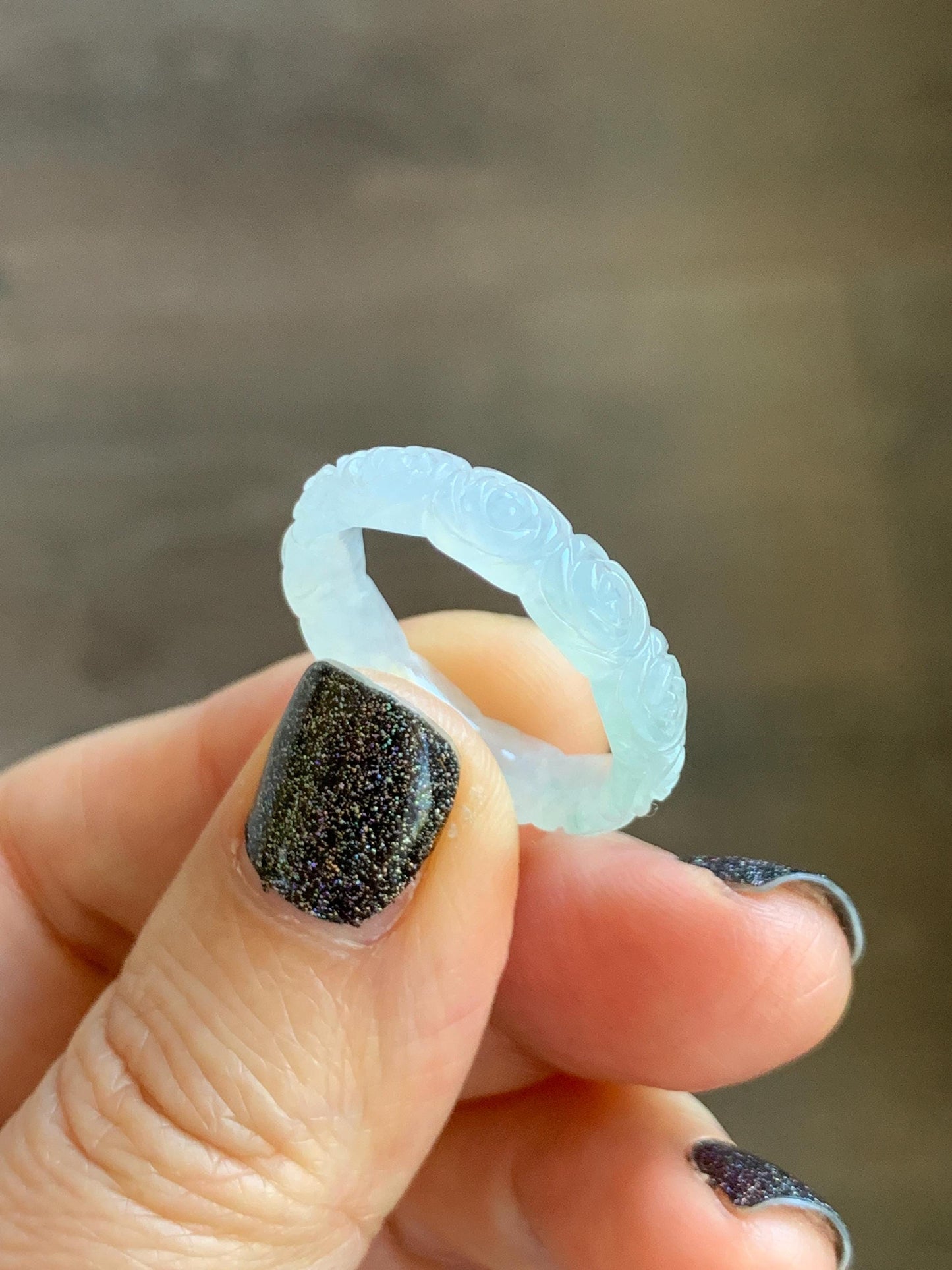 Certified Grade A Natural Icy Translucent White Green Marbled Jade Jadeite Carved Rose Band Ring Comfort Fit Size 8.25 US 天然白冰胶飘花翡翠玫瑰花戒圈 106