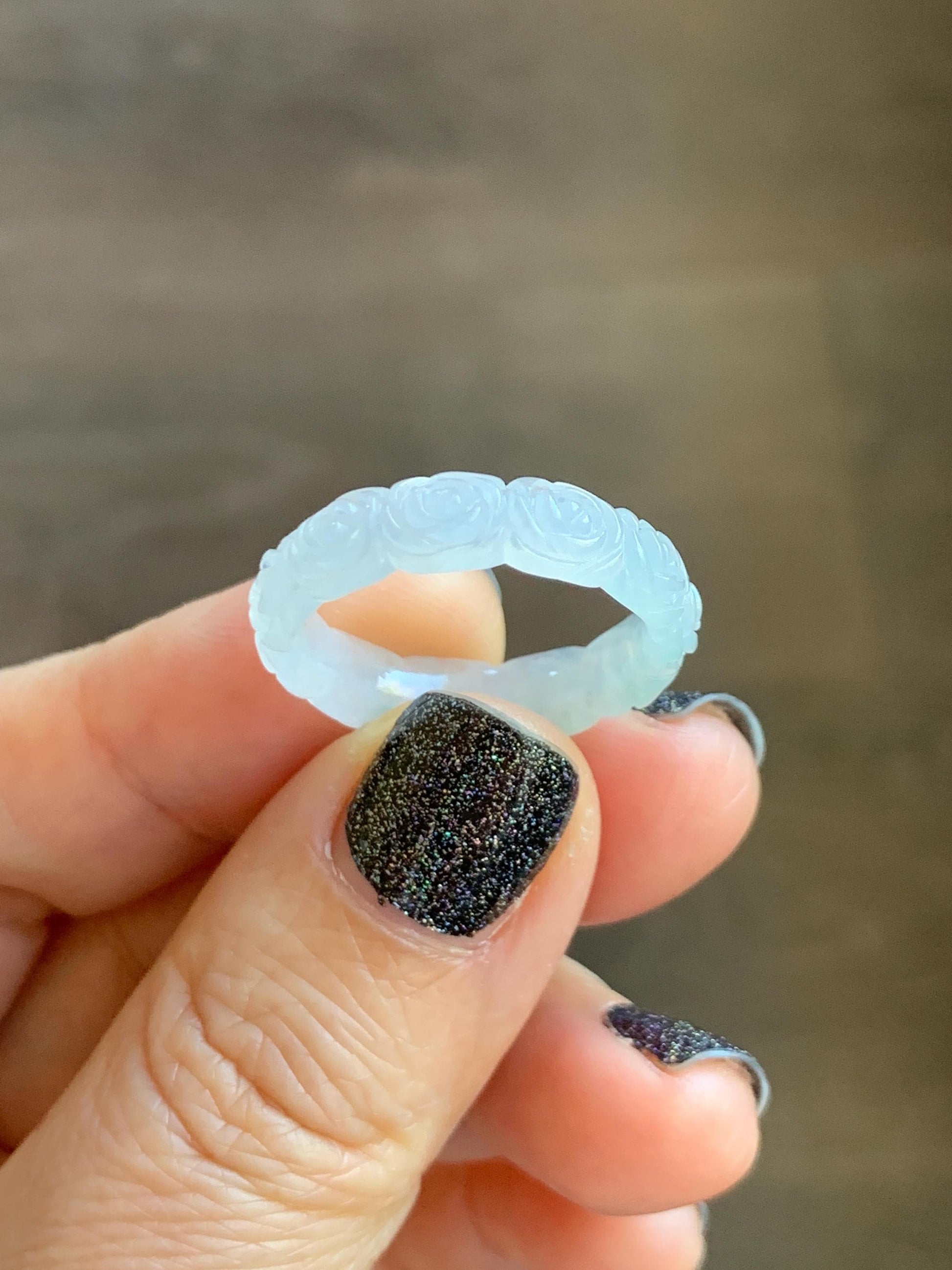 Certified Grade A Natural Icy Translucent White Green Marbled Jade Jadeite Carved Rose Band Ring Comfort Fit Size 8.25 US 天然白冰胶飘花翡翠玫瑰花戒圈 106