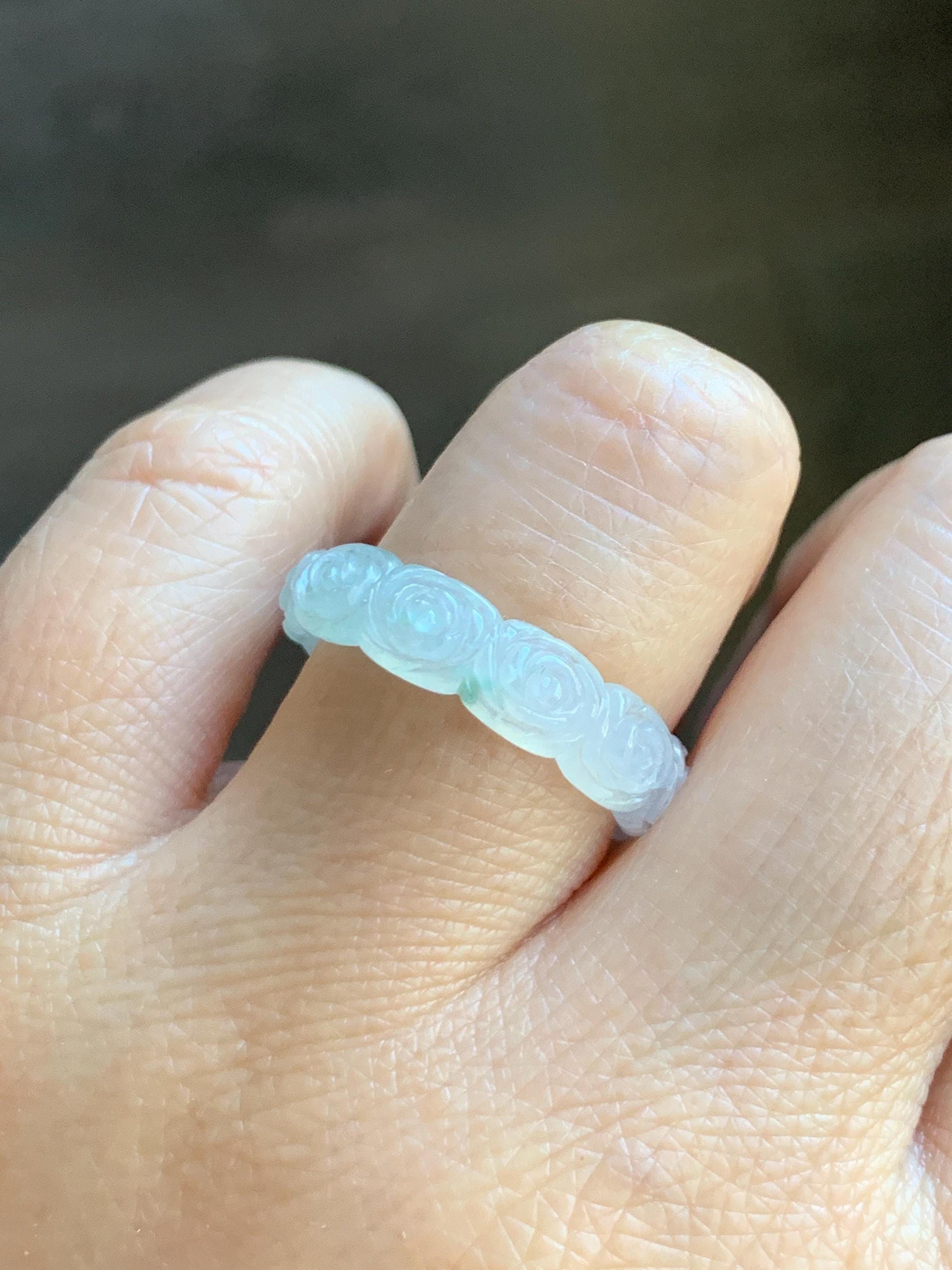 Certified Grade A Natural Icy Translucent White Green Marbled Jade Jadeite Carved Rose Band Ring Comfort Fit Size 8.25 US 天然白冰胶飘花翡翠玫瑰花戒圈 106