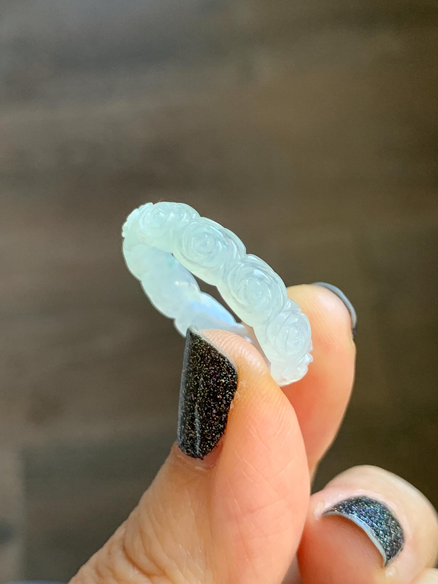 Certified Grade A Natural Icy Translucent White Green Marbled Jade Jadeite Carved Rose Band Ring Comfort Fit Size 8.25 US 天然白冰胶飘花翡翠玫瑰花戒圈 106