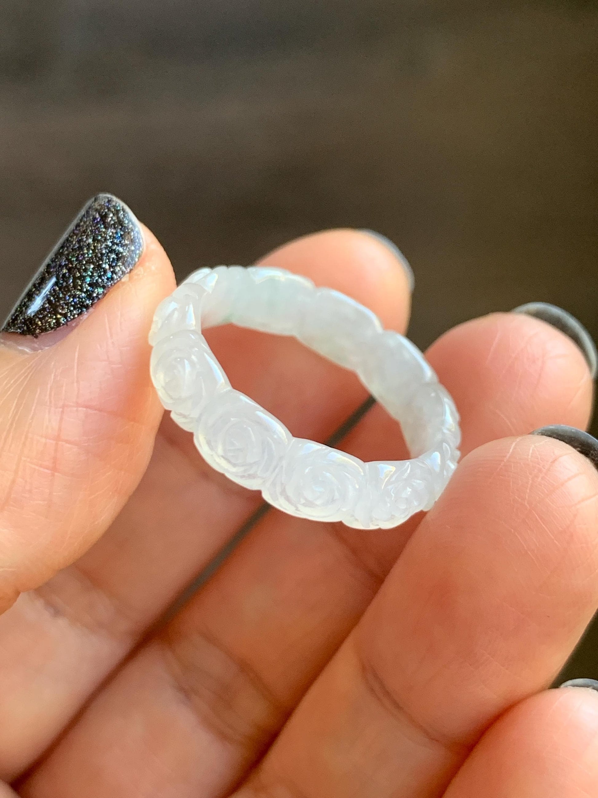 Certified Grade A Natural Icy Translucent White Green Marbled Jade Jadeite Carved Rose Band Ring Comfort Fit Size 8.25 US 天然白冰胶飘花翡翠玫瑰花戒圈 106