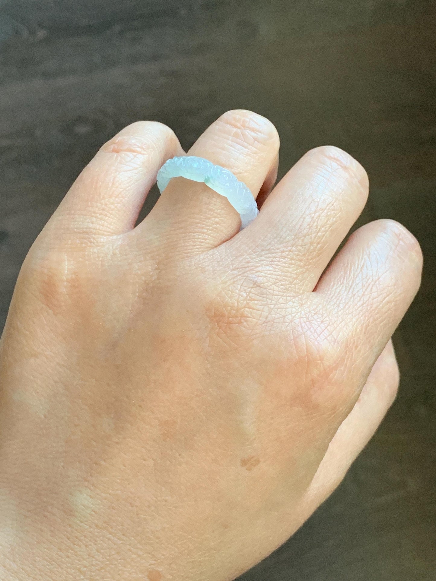 Certified Grade A Natural Icy Translucent White Green Marbled Jade Jadeite Carved Rose Band Ring Comfort Fit Size 8.25 US 天然白冰胶飘花翡翠玫瑰花戒圈 106