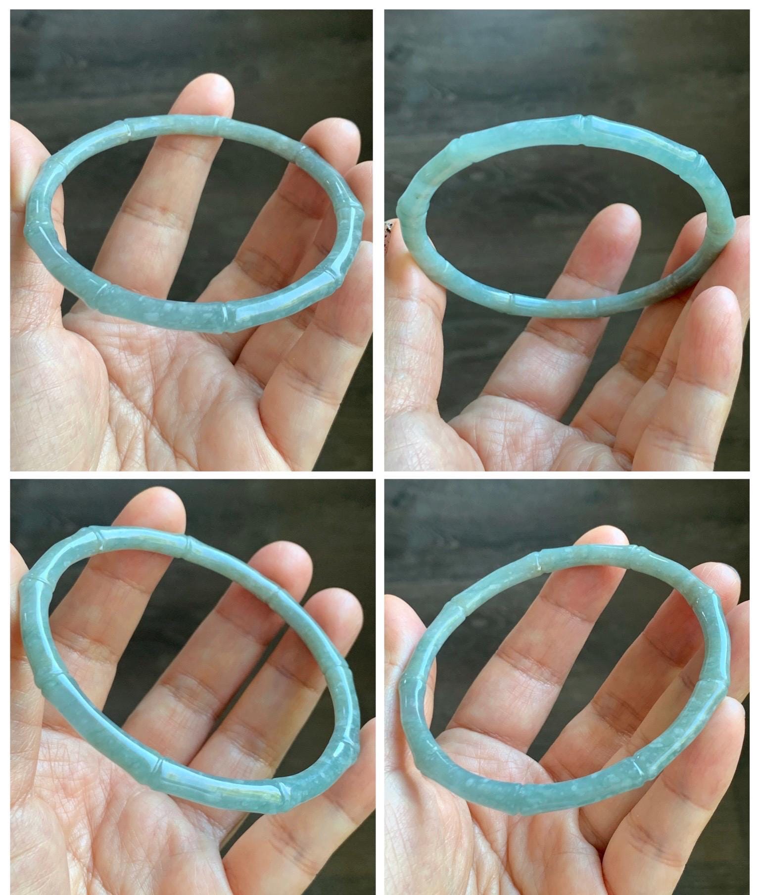 Certified Natural Grade A Guatemalan Translucent Pastel Dusty Blue Jade Jadeite Carved Bamboo Bangle 62.9mm 7.75” 15g 天然危浅篮翡翠竹节手镯 8776