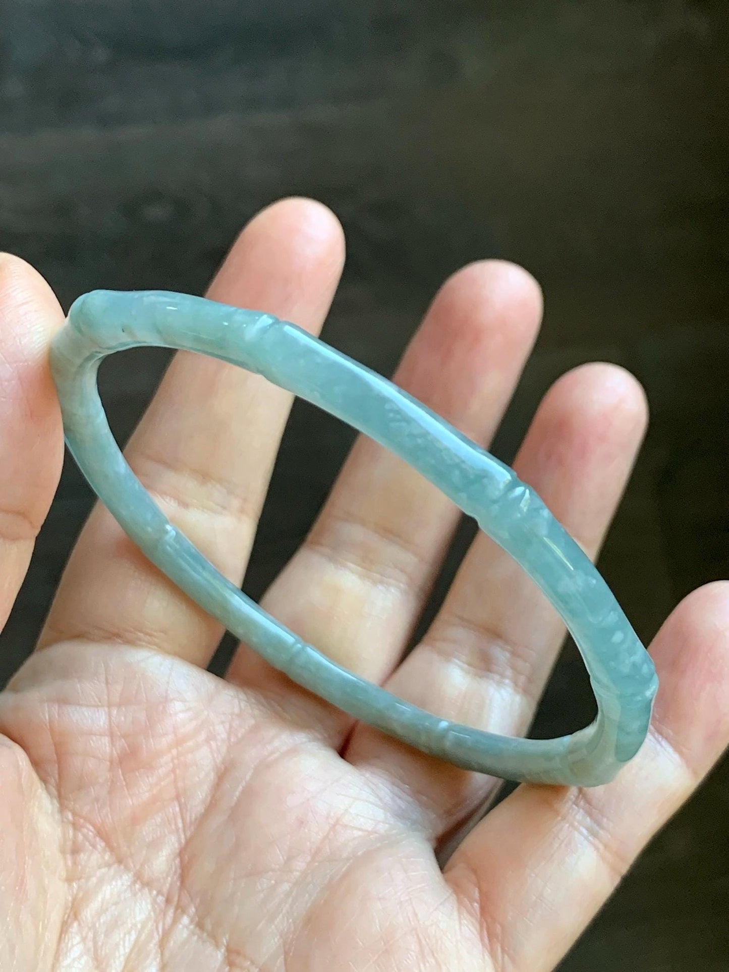 Certified Natural Grade A Guatemalan Translucent Pastel Dusty Blue Jade Jadeite Carved Bamboo Bangle 62.9mm 7.75” 15g 天然危浅篮翡翠竹节手镯 8776
