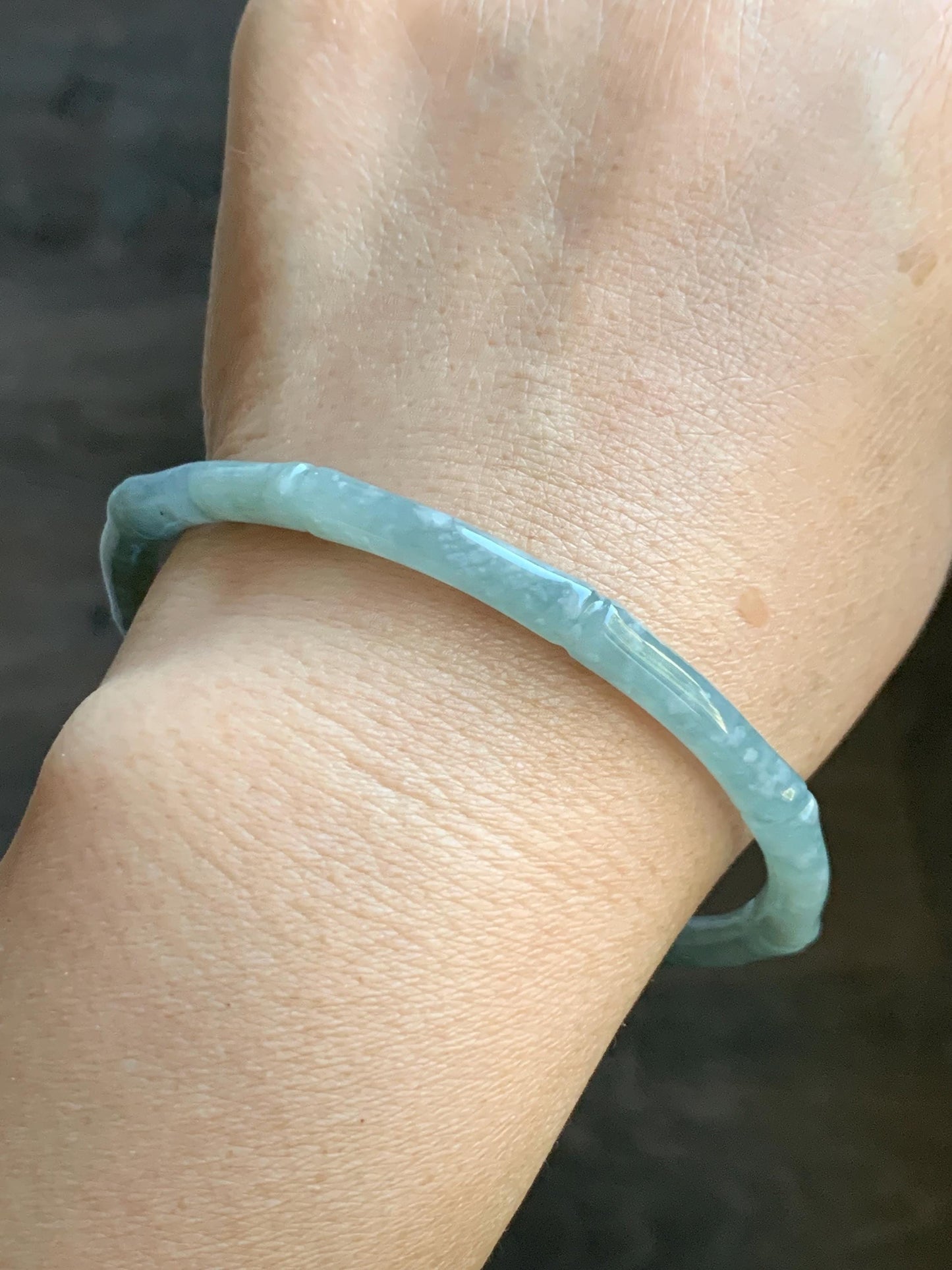 Certified Natural Grade A Guatemalan Translucent Pastel Dusty Blue Jade Jadeite Carved Bamboo Bangle 62.9mm 7.75” 15g 天然危浅篮翡翠竹节手镯 8776