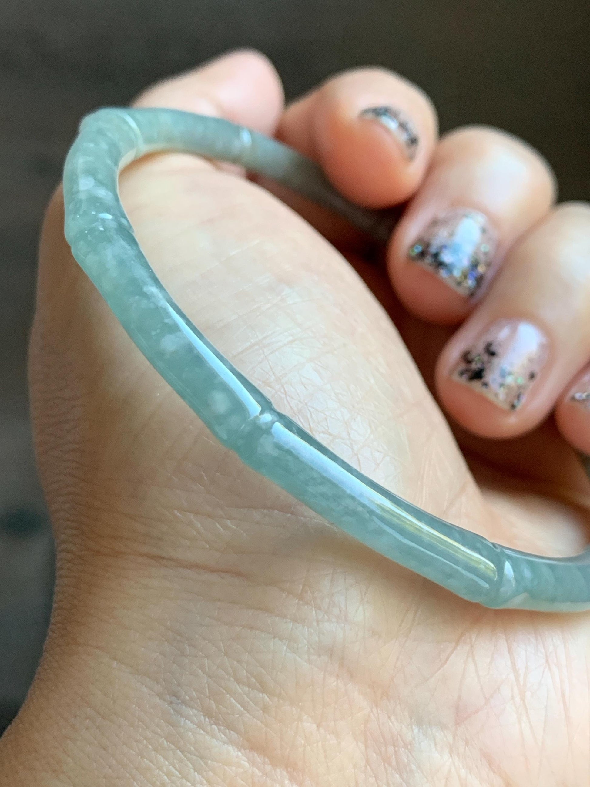 Certified Natural Grade A Guatemalan Translucent Pastel Dusty Blue Jade Jadeite Carved Bamboo Bangle 62.9mm 7.75” 15g 天然危浅篮翡翠竹节手镯 8776