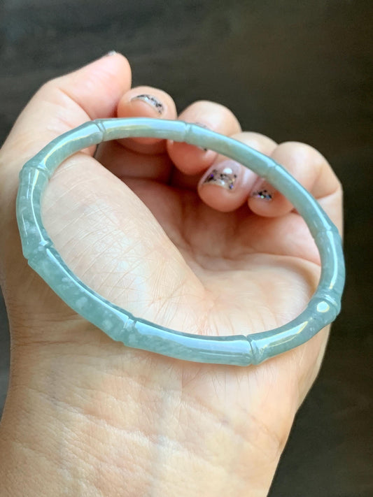 Certified Natural Grade A Guatemalan Translucent Pastel Dusty Blue Jade Jadeite Carved Bamboo Bangle 62.9mm 7.75” 15g 天然危浅篮翡翠竹节手镯 8776