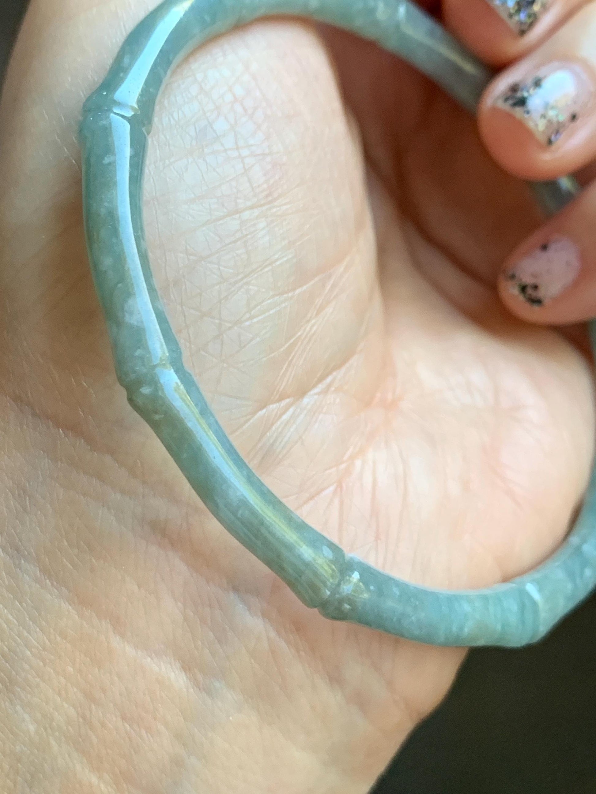 Certified Natural Grade A Guatemalan Translucent Pastel Dusty Blue Jade Jadeite Carved Bamboo Bangle 62.9mm 7.75” 15g 天然危浅篮翡翠竹节手镯 8776