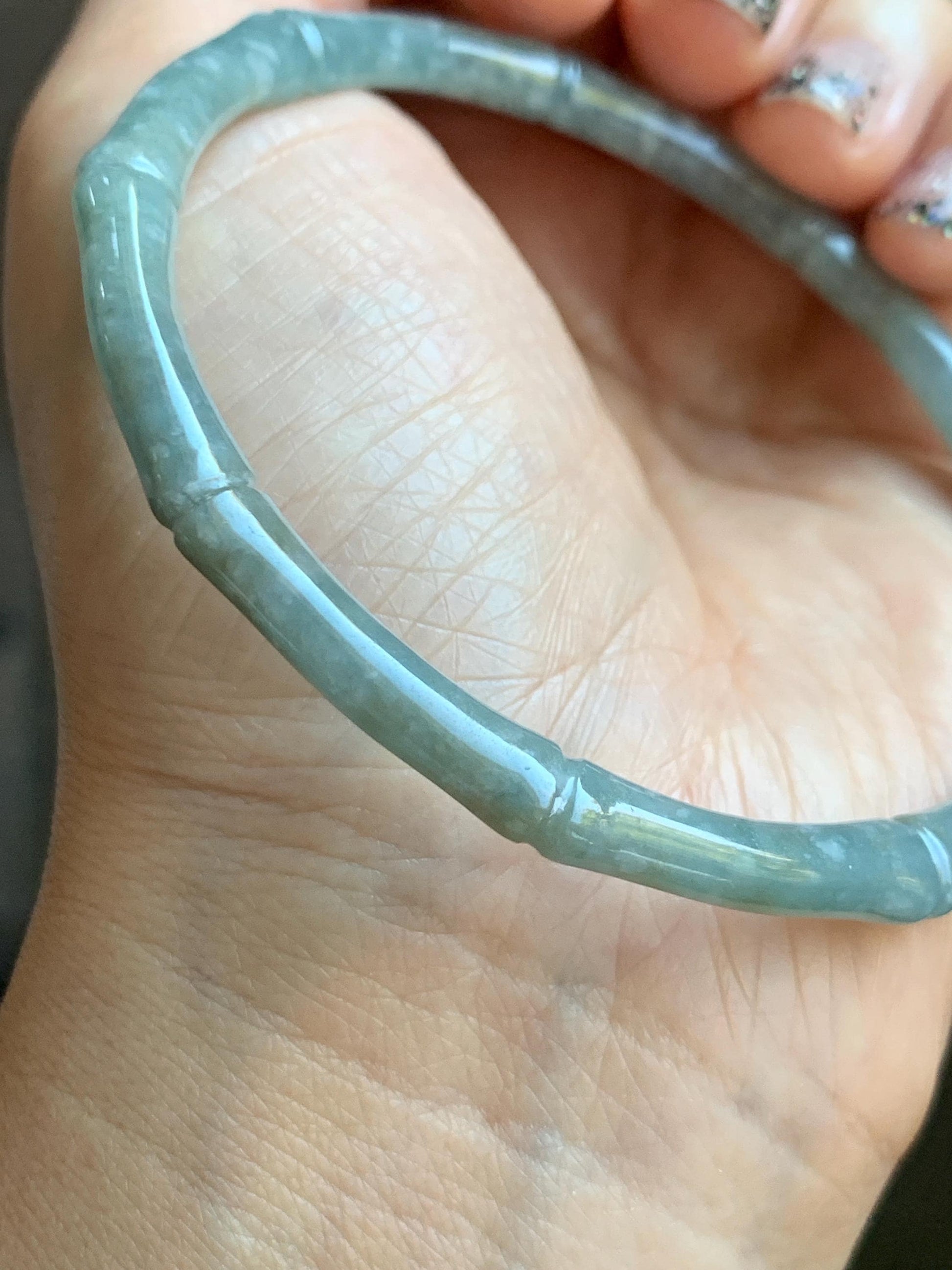 Certified Natural Grade A Guatemalan Translucent Pastel Dusty Blue Jade Jadeite Carved Bamboo Bangle 62.9mm 7.75” 15g 天然危浅篮翡翠竹节手镯 8776