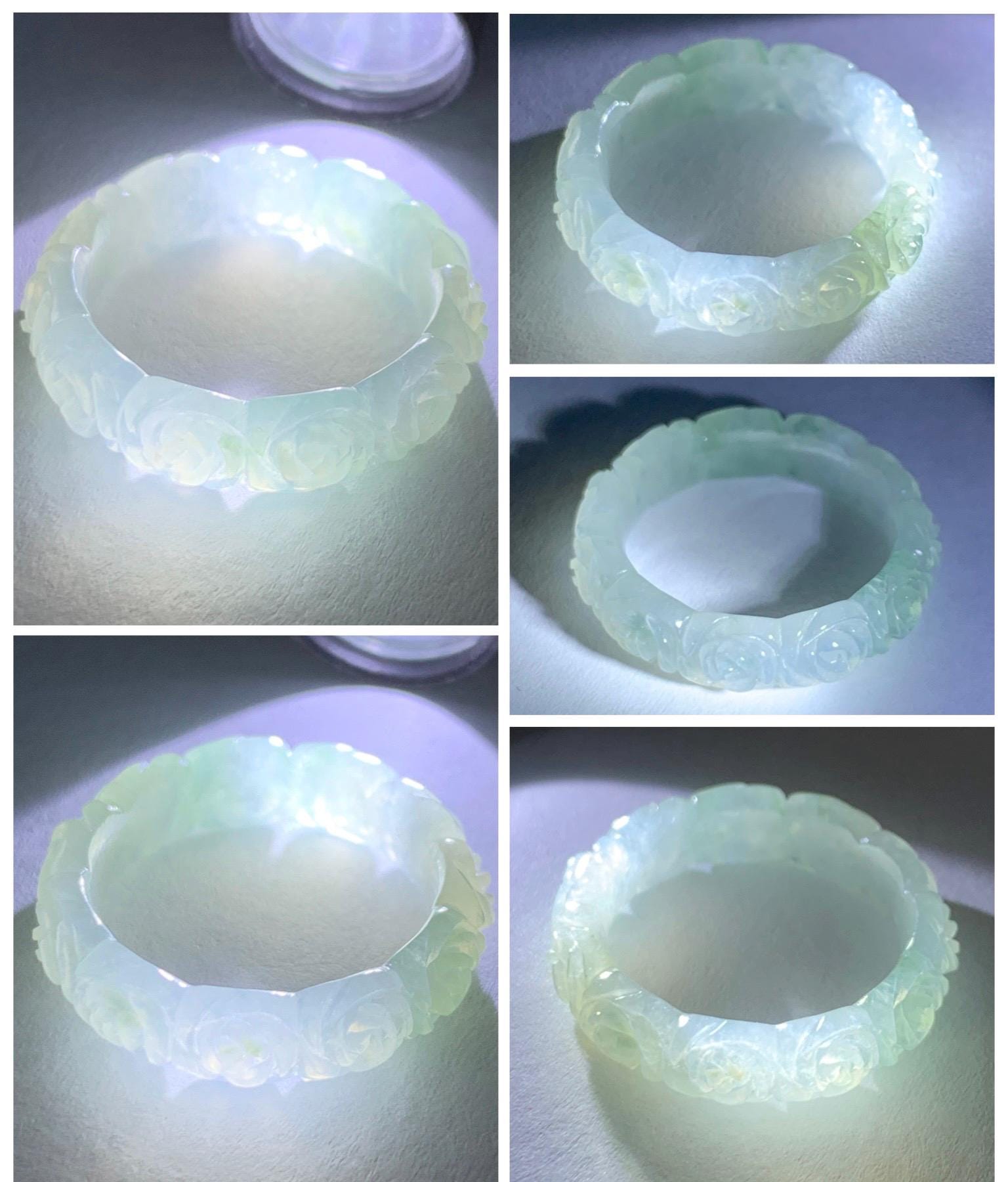 Certified Grade A Natural Icy Translucent White Green Marbled Jade Jadeite Carved Rose Band Ring Comfort Fit Size 7 US 天然白冰胶飘花翡翠玫瑰花戒圈 107