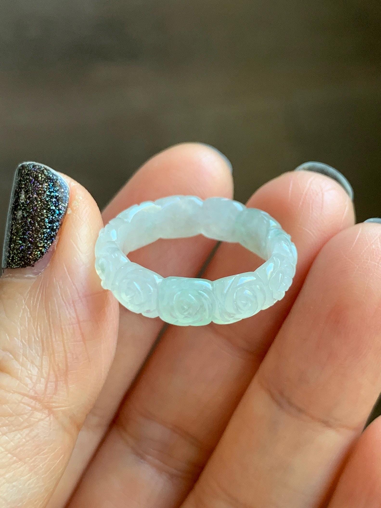 Certified Grade A Natural Icy Translucent White Green Marbled Jade Jadeite Carved Rose Band Ring Comfort Fit Size 7 US 天然白冰胶飘花翡翠玫瑰花戒圈 107