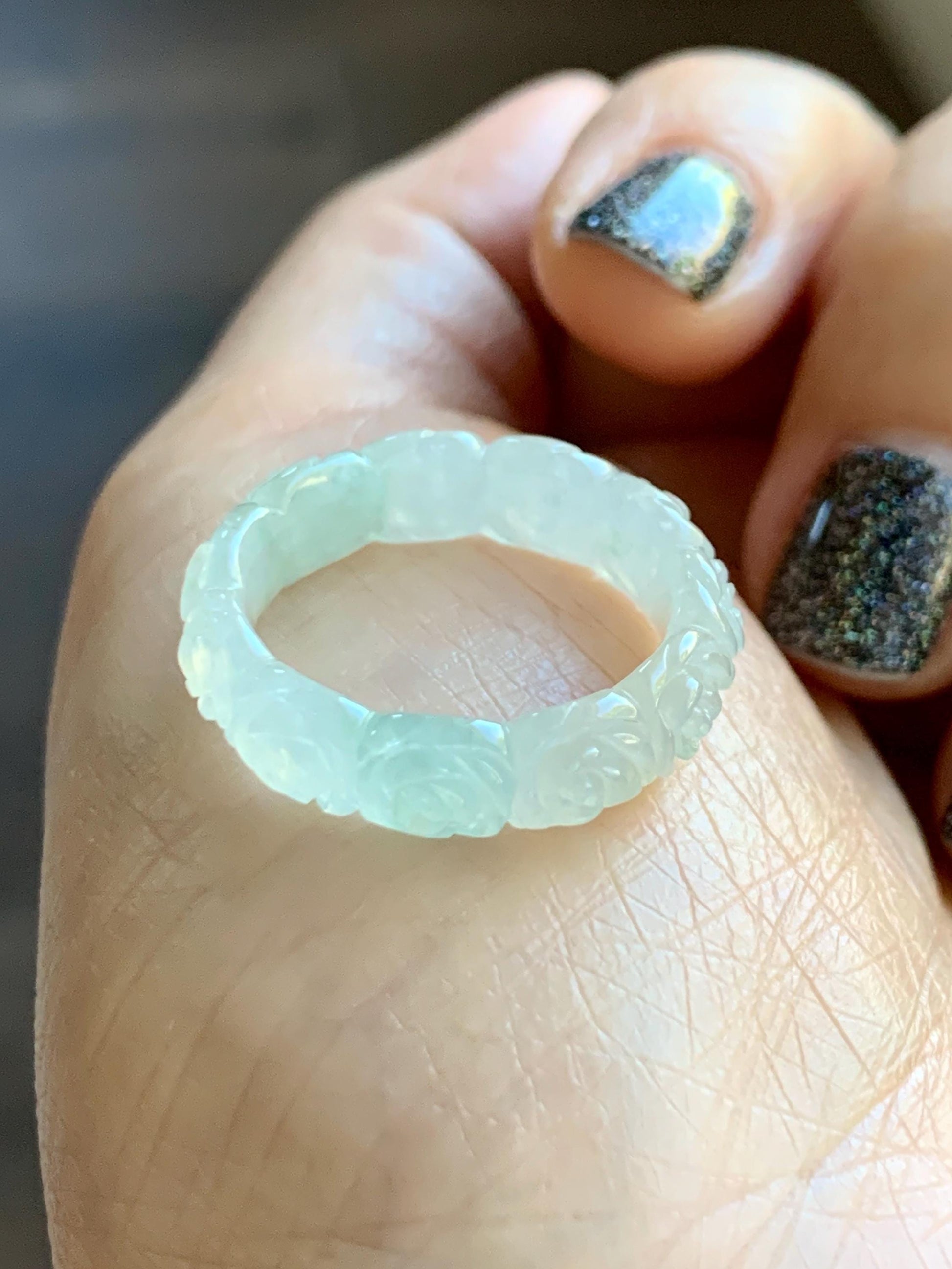 Certified Grade A Natural Icy Translucent White Green Marbled Jade Jadeite Carved Rose Band Ring Comfort Fit Size 7 US 天然白冰胶飘花翡翠玫瑰花戒圈 107
