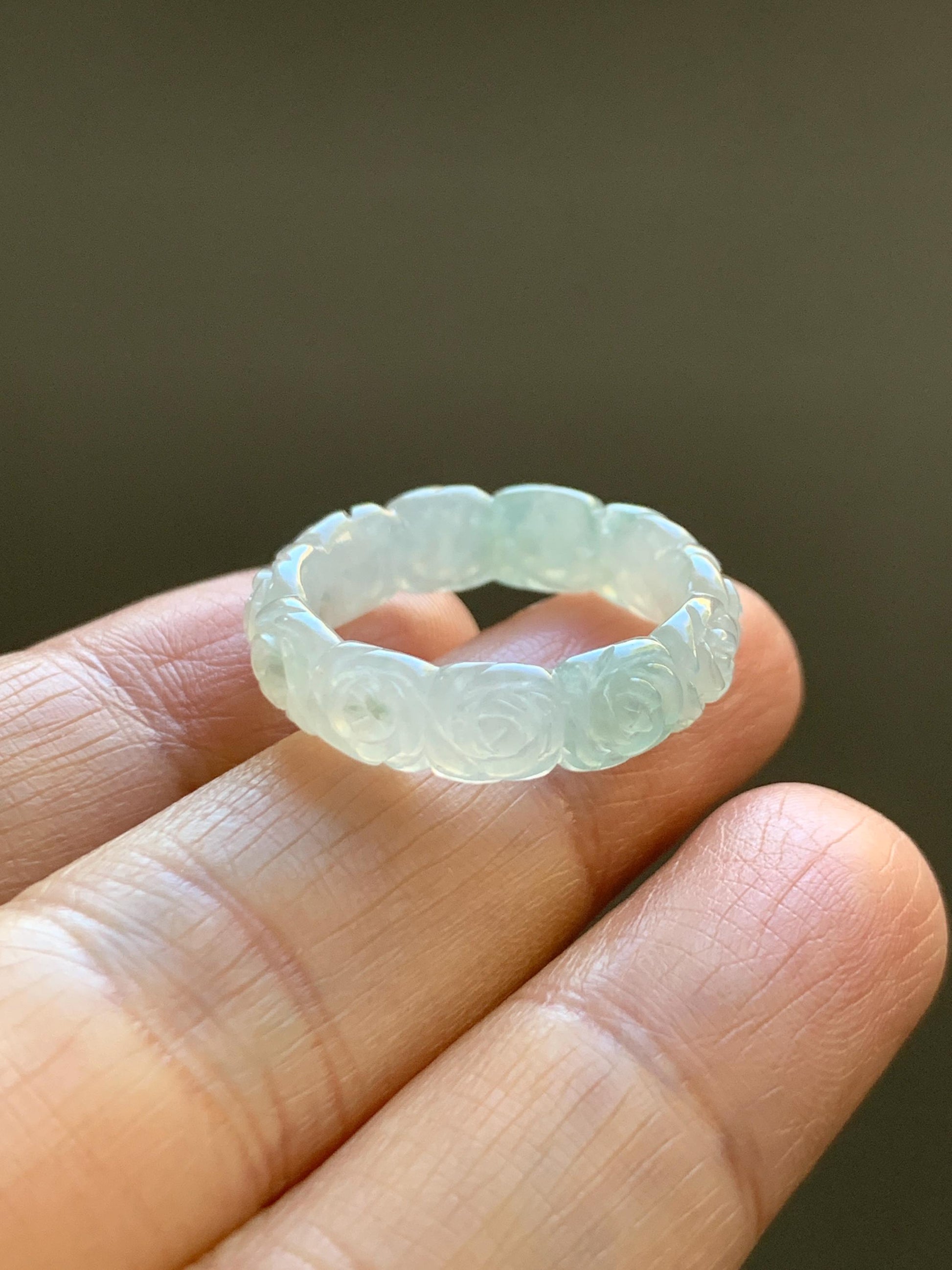 Certified Grade A Natural Icy Translucent White Green Marbled Jade Jadeite Carved Rose Band Ring Comfort Fit Size 7 US 天然白冰胶飘花翡翠玫瑰花戒圈 107