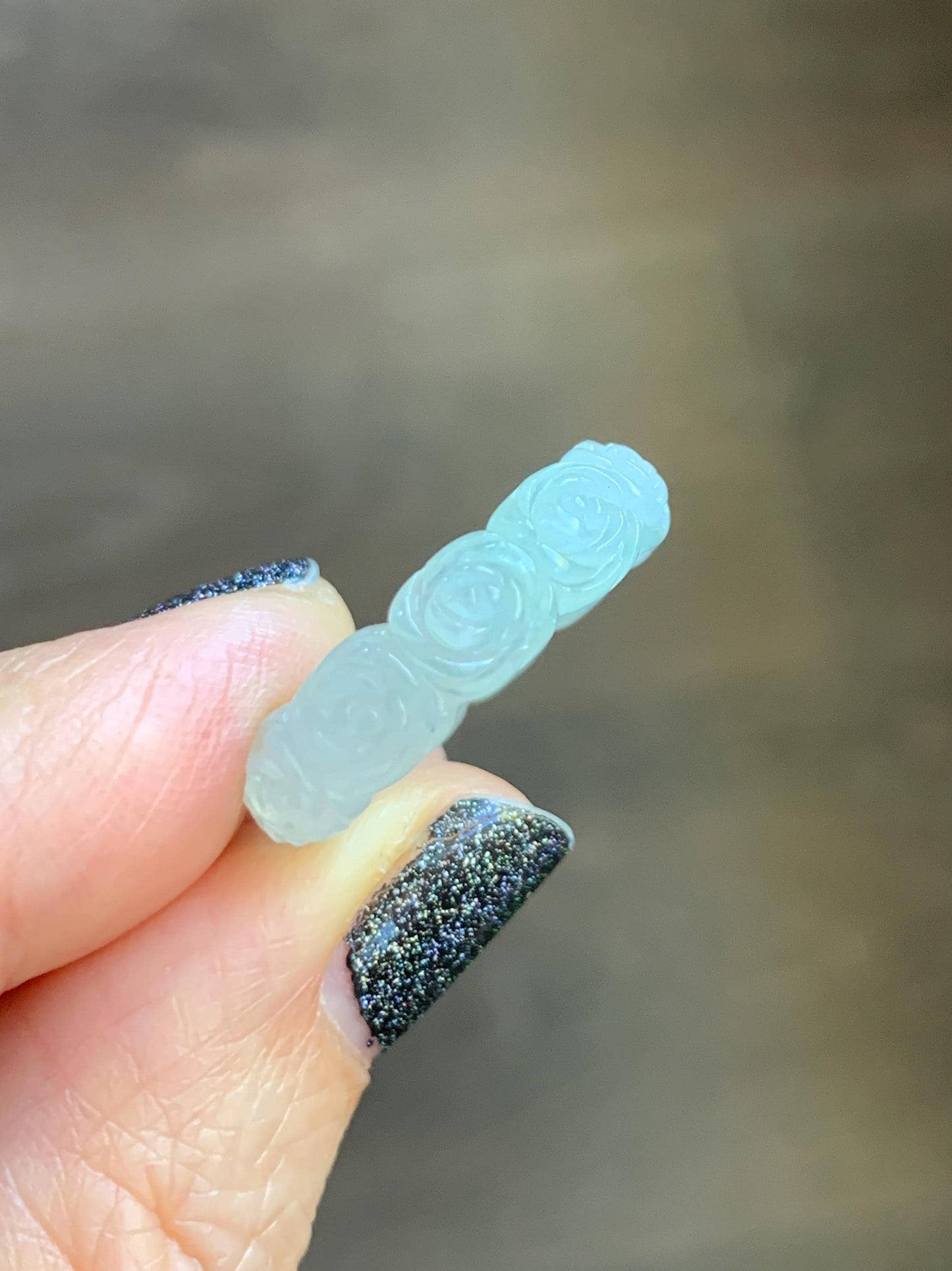 Certified Grade A Natural Icy Translucent White Green Marbled Jade Jadeite Carved Rose Band Ring Comfort Fit Size 7 US 天然白冰胶飘花翡翠玫瑰花戒圈 107