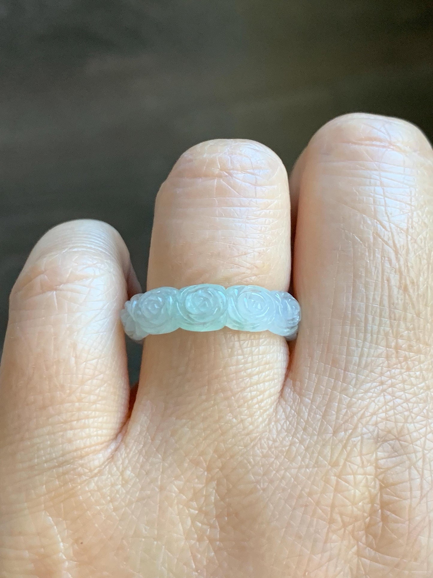 Certified Grade A Natural Icy Translucent White Green Marbled Jade Jadeite Carved Rose Band Ring Comfort Fit Size 7 US 天然白冰胶飘花翡翠玫瑰花戒圈 107