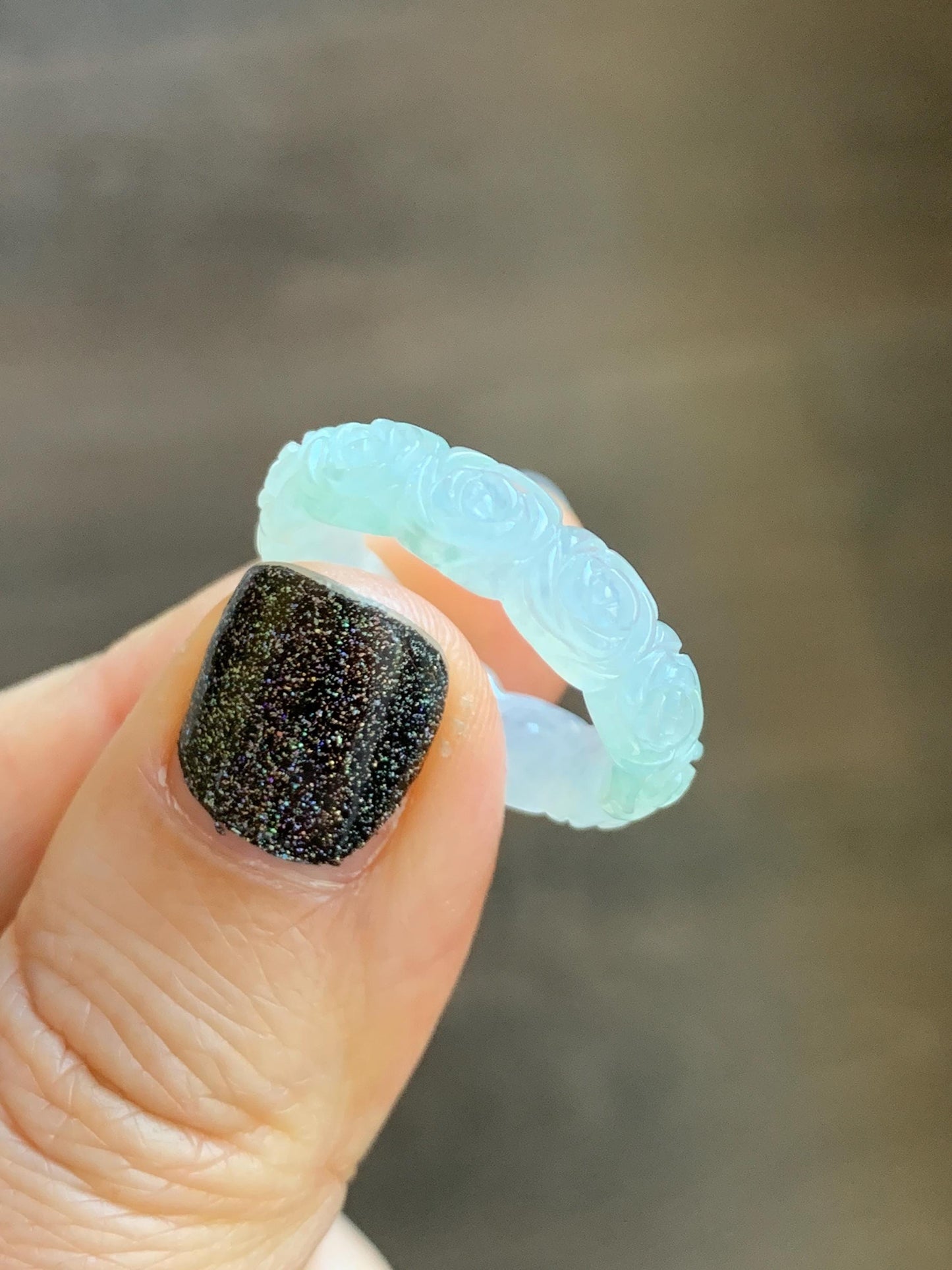 Certified Grade A Natural Icy Translucent White Green Marbled Jade Jadeite Carved Rose Band Ring Comfort Fit Size 7 US 天然白冰胶飘花翡翠玫瑰花戒圈 107