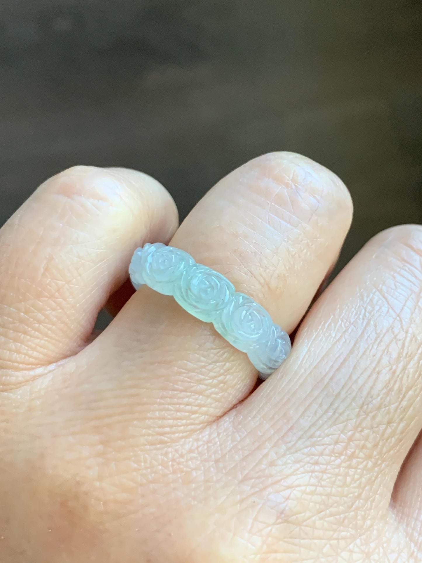 Certified Grade A Natural Icy Translucent White Green Marbled Jade Jadeite Carved Rose Band Ring Comfort Fit Size 7 US 天然白冰胶飘花翡翠玫瑰花戒圈 107