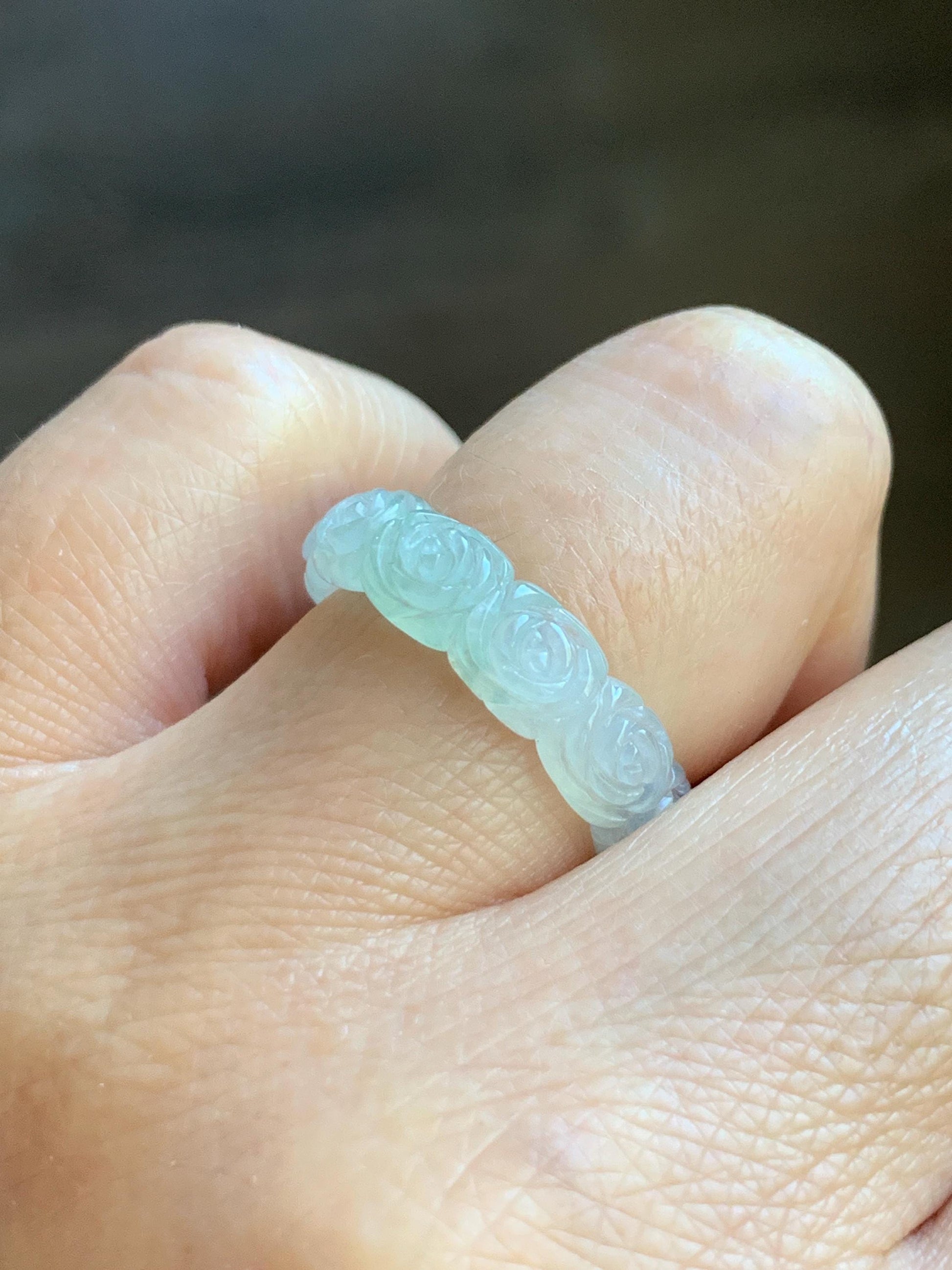 Certified Grade A Natural Icy Translucent White Green Marbled Jade Jadeite Carved Rose Band Ring Comfort Fit Size 7 US 天然白冰胶飘花翡翠玫瑰花戒圈 107
