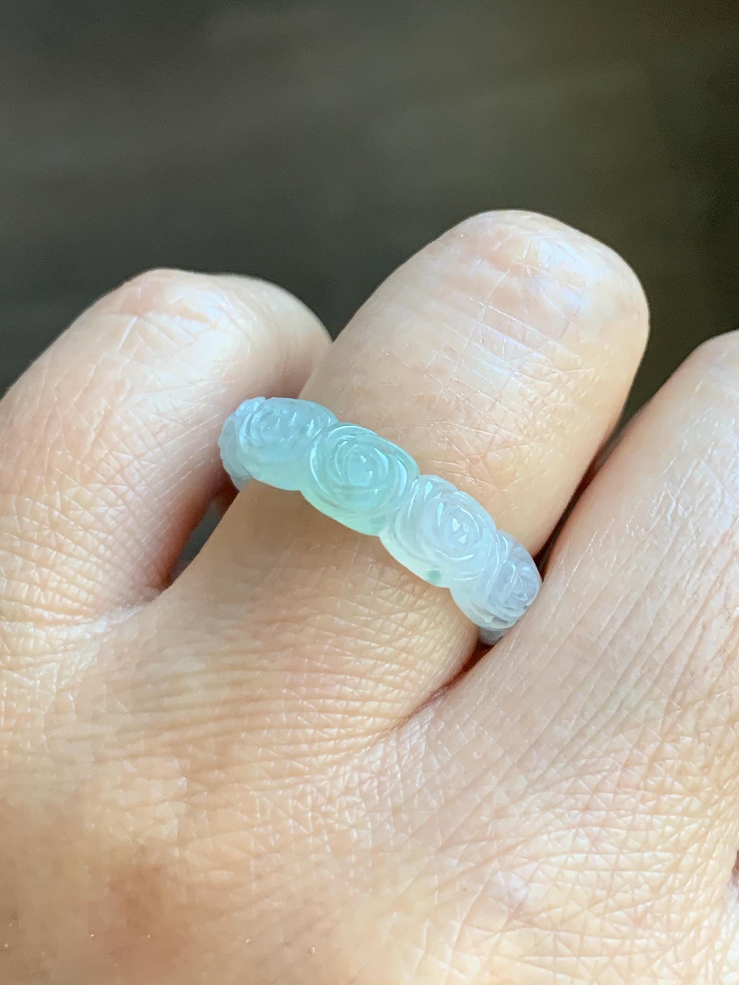 Certified Grade A Natural Icy Translucent White Green Marbled Jade Jadeite Carved Rose Band Ring Comfort Fit Size 7 US 天然白冰胶飘花翡翠玫瑰花戒圈 105