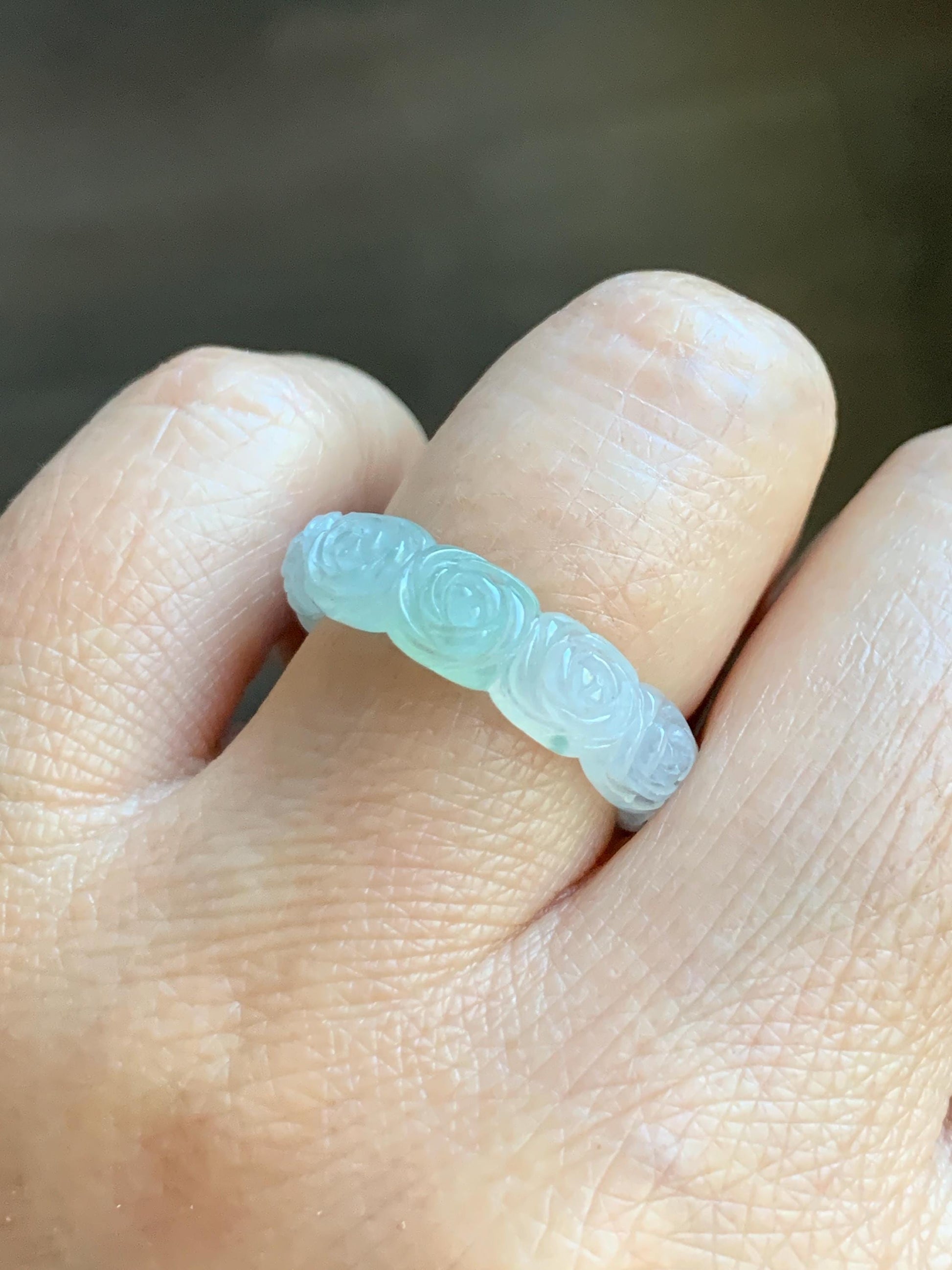 Certified Grade A Natural Icy Translucent White Green Marbled Jade Jadeite Carved Rose Band Ring Comfort Fit Size 7 US 天然白冰胶飘花翡翠玫瑰花戒圈 105