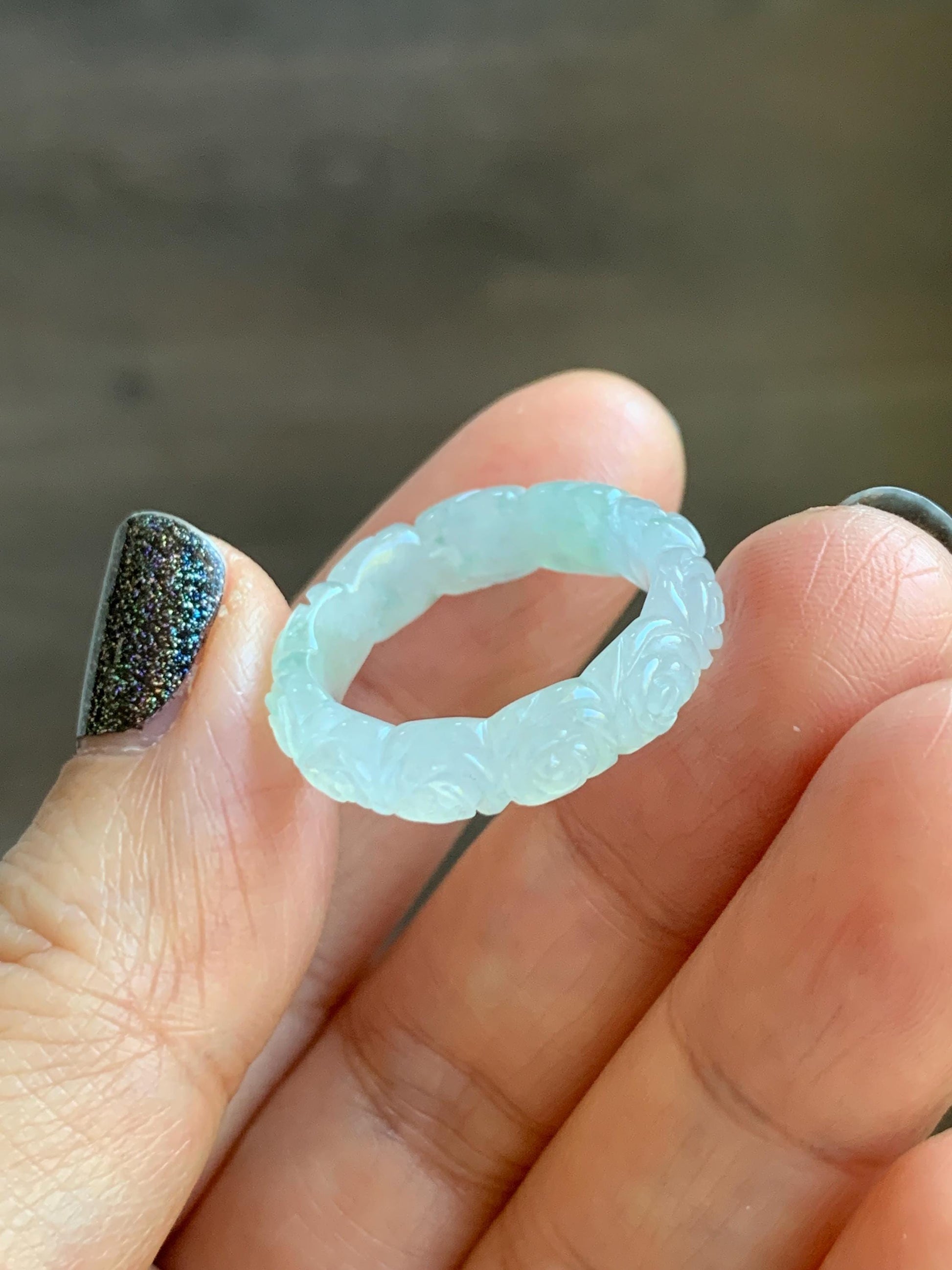 Certified Grade A Natural Icy Translucent White Green Marbled Jade Jadeite Carved Rose Band Ring Comfort Fit Size 7 US 天然白冰胶飘花翡翠玫瑰花戒圈 105