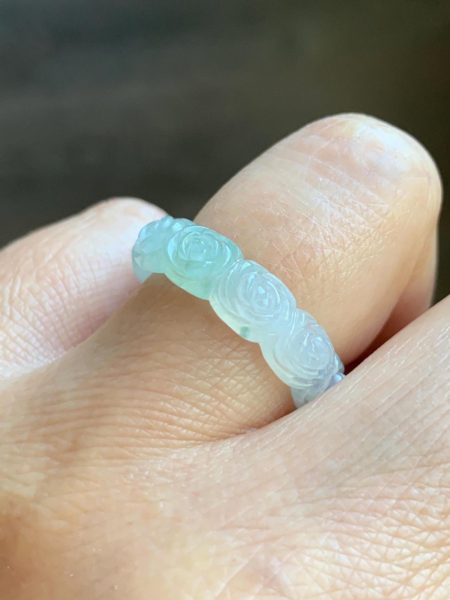 Certified Grade A Natural Icy Translucent White Green Marbled Jade Jadeite Carved Rose Band Ring Comfort Fit Size 7 US 天然白冰胶飘花翡翠玫瑰花戒圈 105
