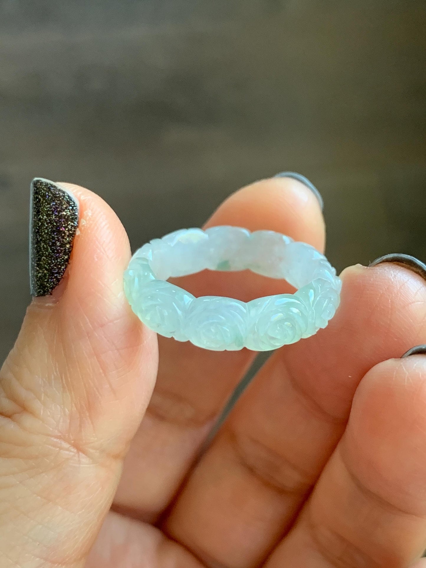 Certified Grade A Natural Icy Translucent White Green Marbled Jade Jadeite Carved Rose Band Ring Comfort Fit Size 7 US 天然白冰胶飘花翡翠玫瑰花戒圈 105