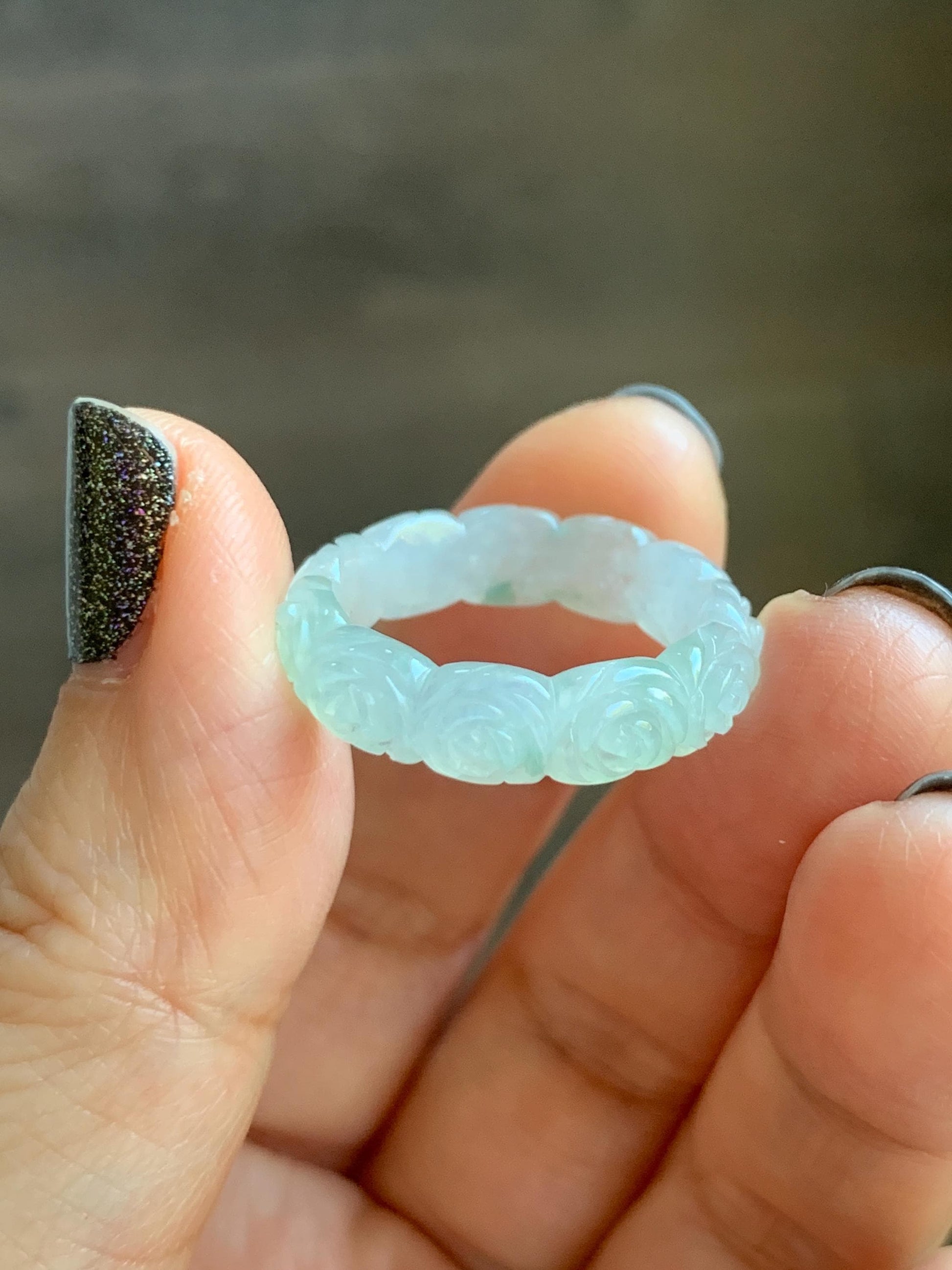 Certified Grade A Natural Icy Translucent White Green Marbled Jade Jadeite Carved Rose Band Ring Comfort Fit Size 7 US 天然白冰胶飘花翡翠玫瑰花戒圈 105