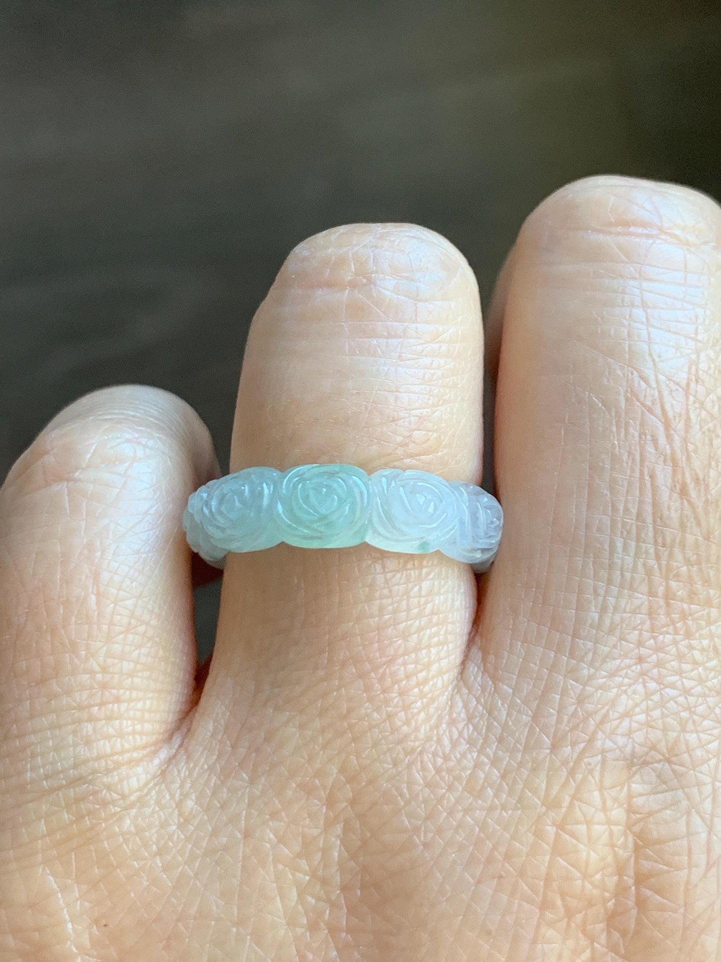 Certified Grade A Natural Icy Translucent White Green Marbled Jade Jadeite Carved Rose Band Ring Comfort Fit Size 7 US 天然白冰胶飘花翡翠玫瑰花戒圈 105