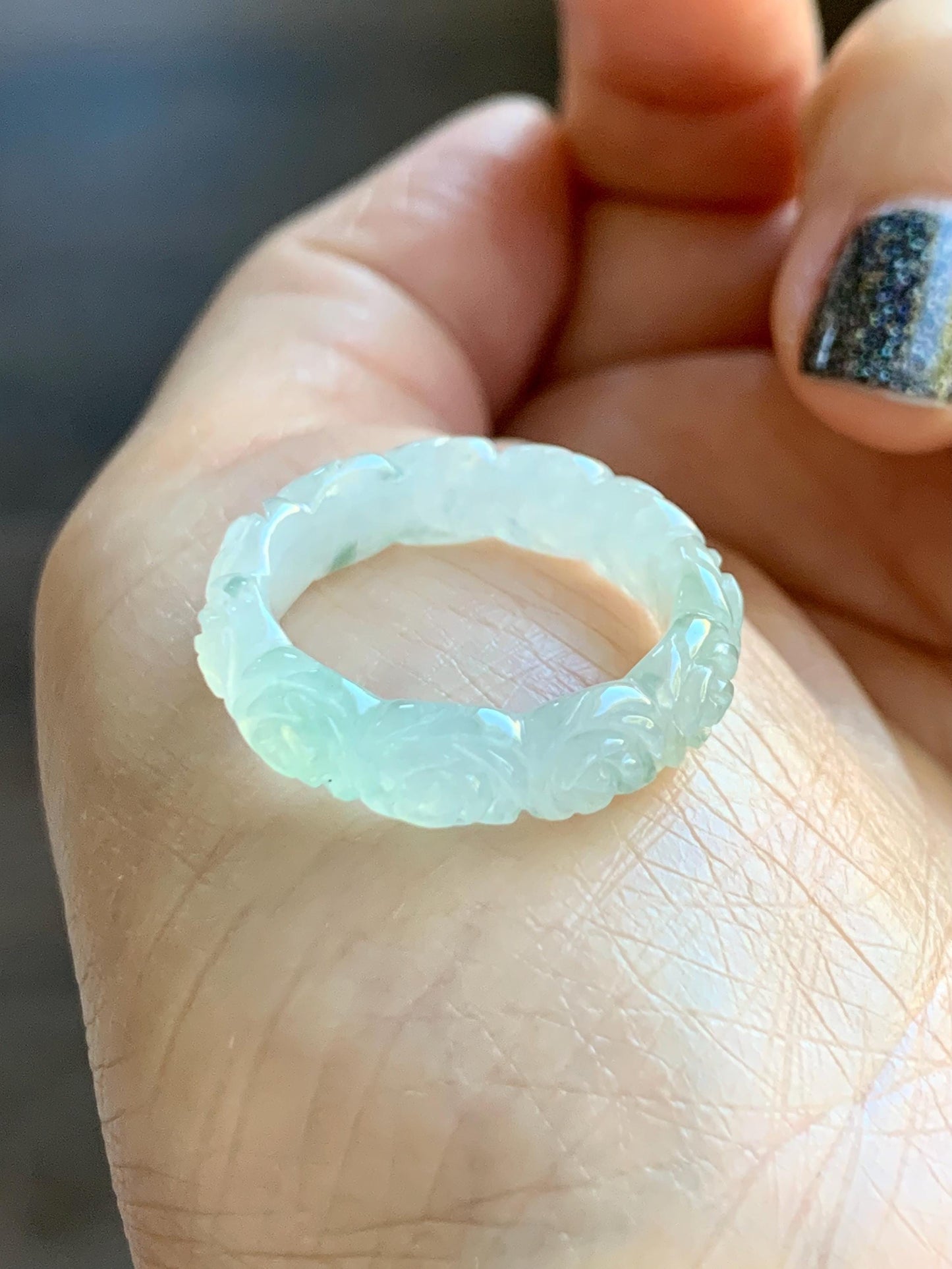 Certified Grade A Natural Icy Translucent White Green Marbled Jade Jadeite Carved Rose Band Ring Comfort Fit Size 7 US 天然白冰胶飘花翡翠玫瑰花戒圈 105