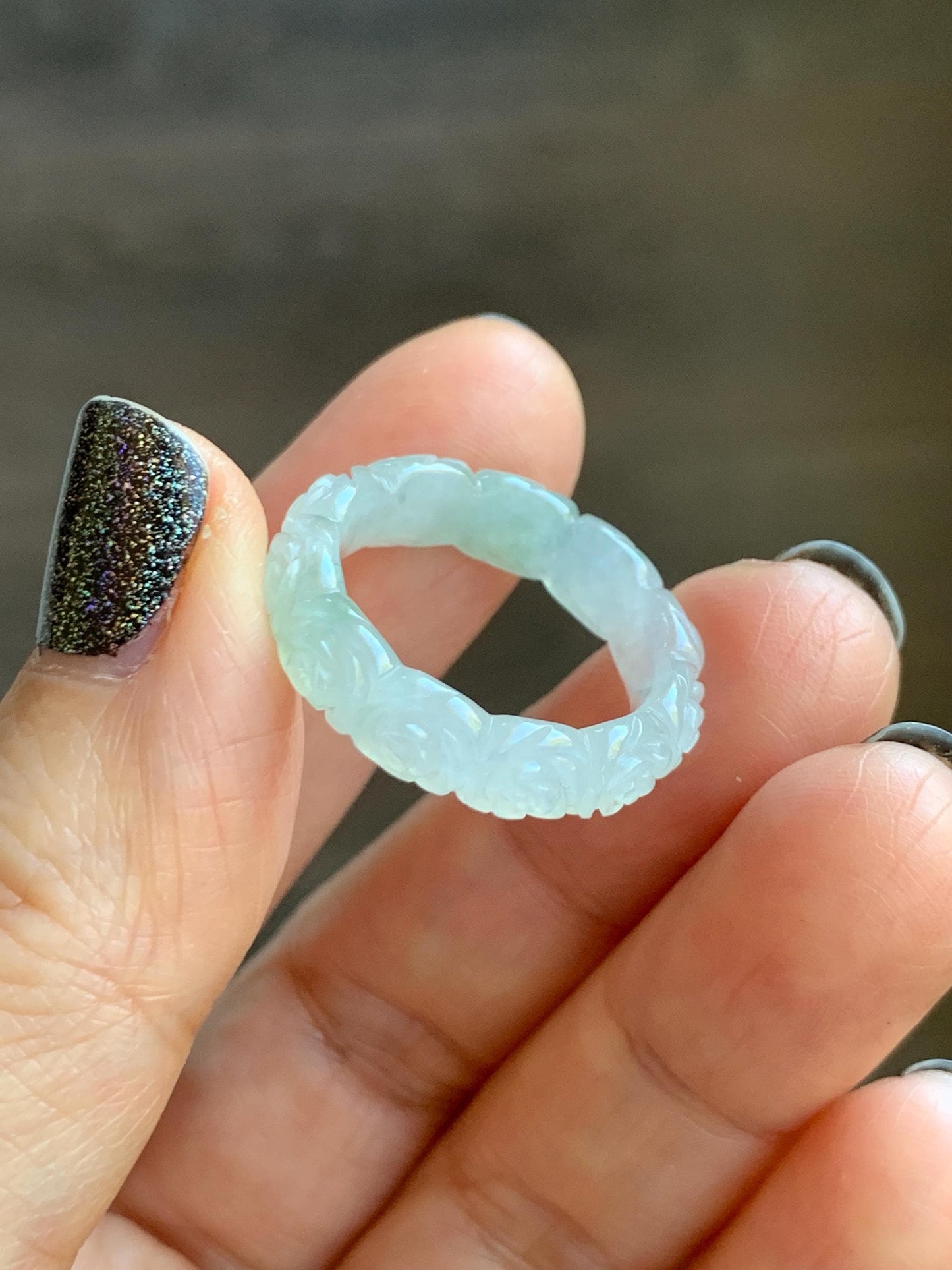 Certified Grade A Natural Icy Translucent White Green Marbled Jade Jadeite Carved Rose Band Ring Comfort Fit Size 7 US 天然白冰胶飘花翡翠玫瑰花戒圈 105