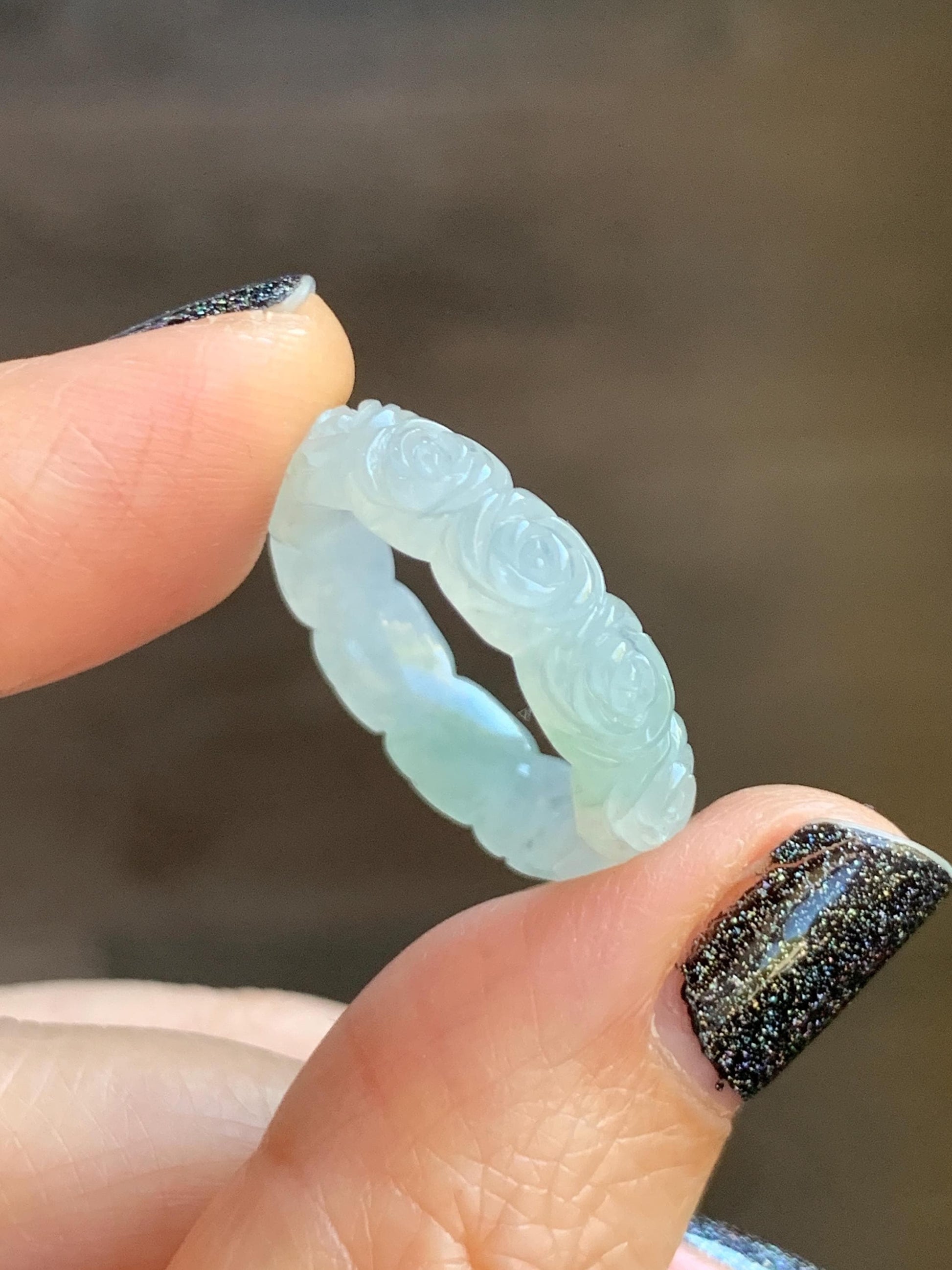 Certified Grade A Natural Icy Translucent White Green Marbled Jade Jadeite Carved Rose Band Ring Comfort Fit Size 7 US 天然白冰胶飘花翡翠玫瑰花戒圈 105
