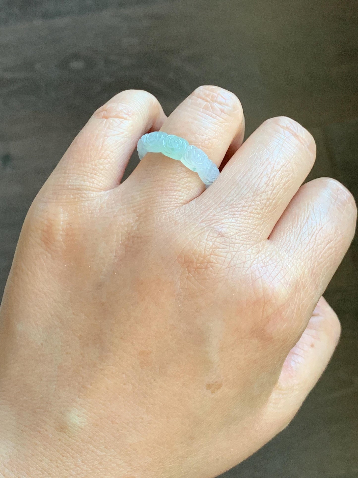 Certified Grade A Natural Icy Translucent White Green Marbled Jade Jadeite Carved Rose Band Ring Comfort Fit Size 7 US 天然白冰胶飘花翡翠玫瑰花戒圈 105