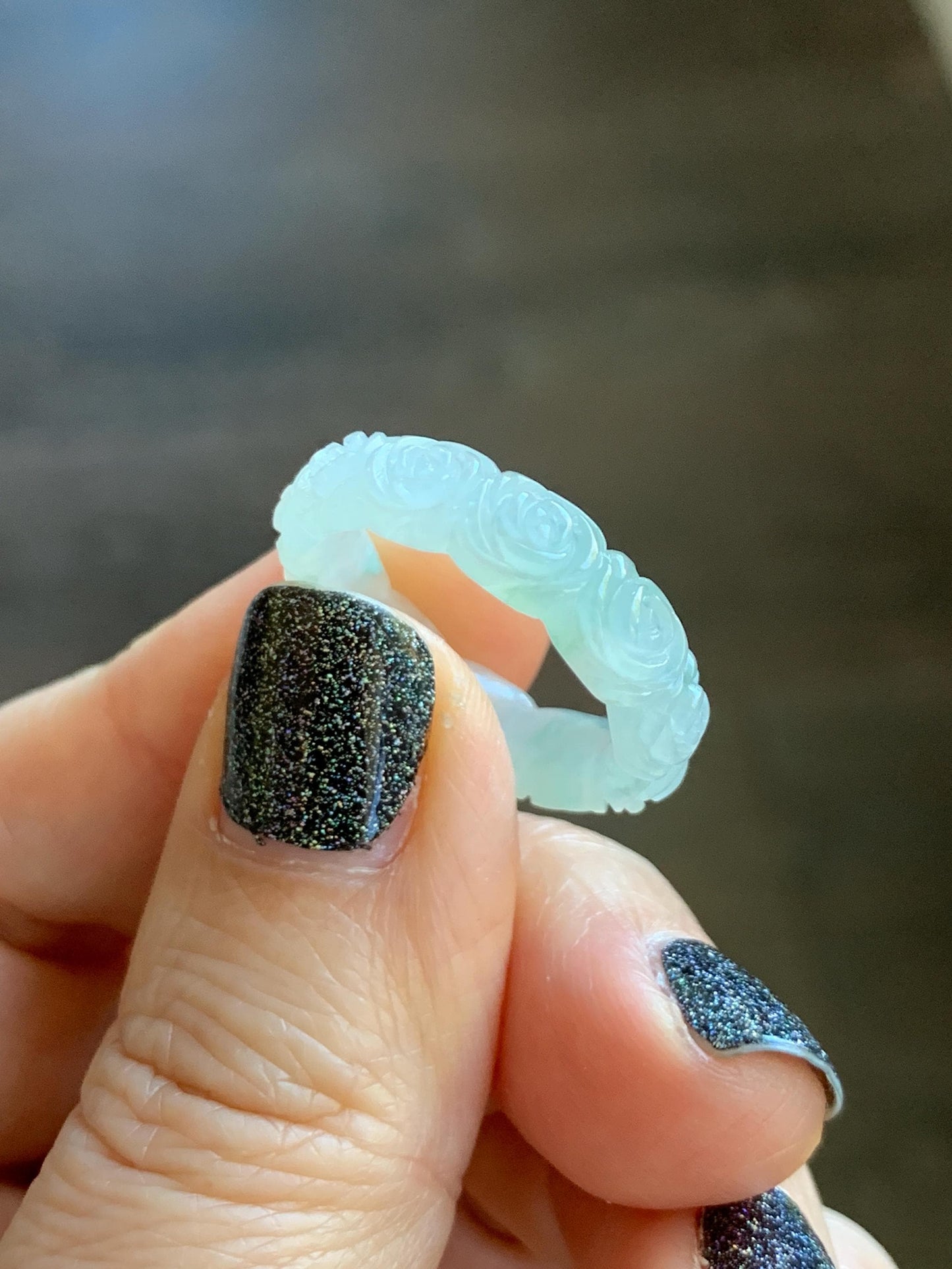 Certified Grade A Natural Icy Translucent White Green Marbled Jade Jadeite Carved Rose Band Ring Comfort Fit Size 7 US 天然白冰胶飘花翡翠玫瑰花戒圈 105