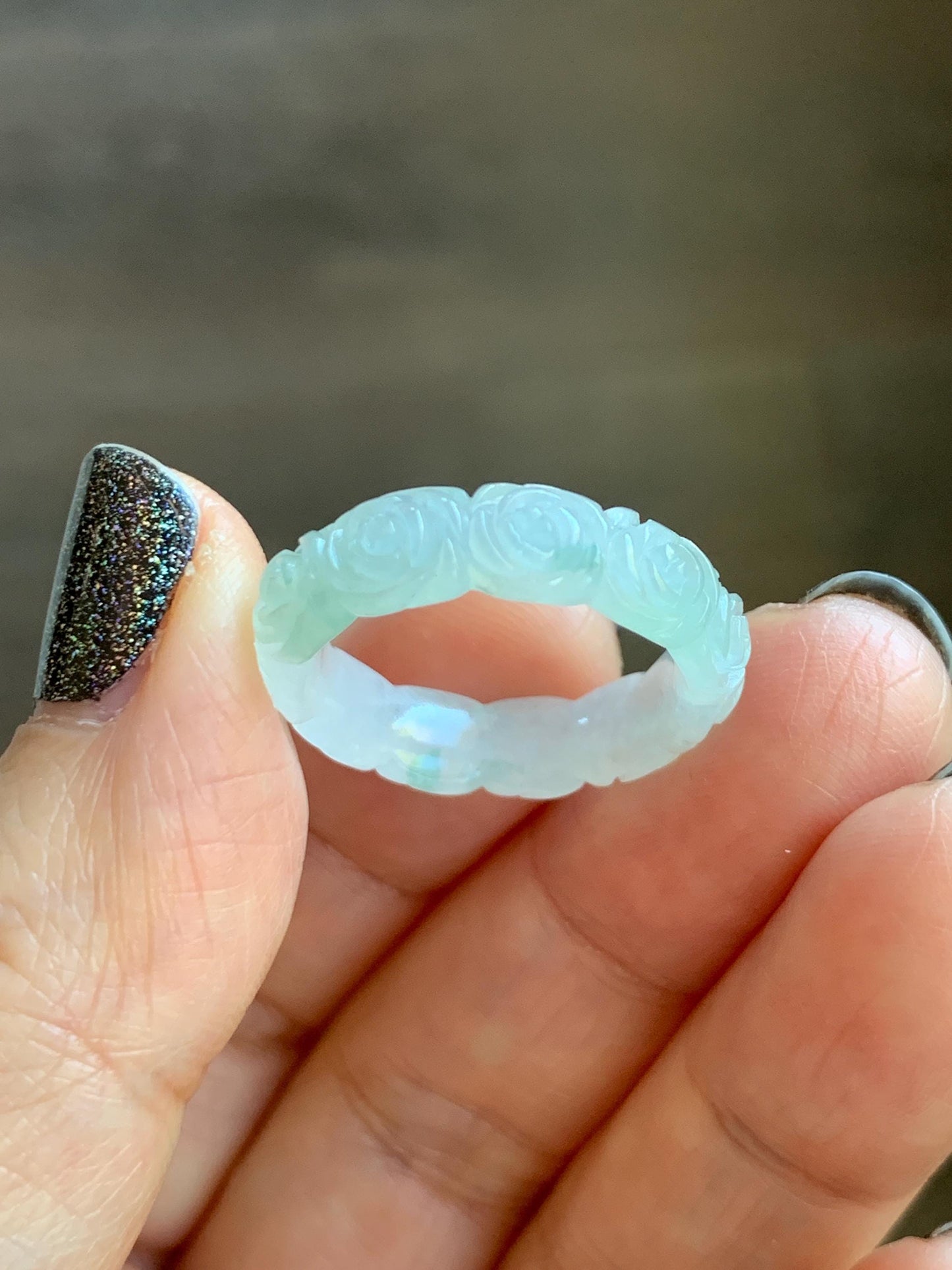 Certified Grade A Natural Icy Translucent White Green Marbled Jade Jadeite Carved Rose Band Ring Comfort Fit Size 7 US 天然白冰胶飘花翡翠玫瑰花戒圈 105