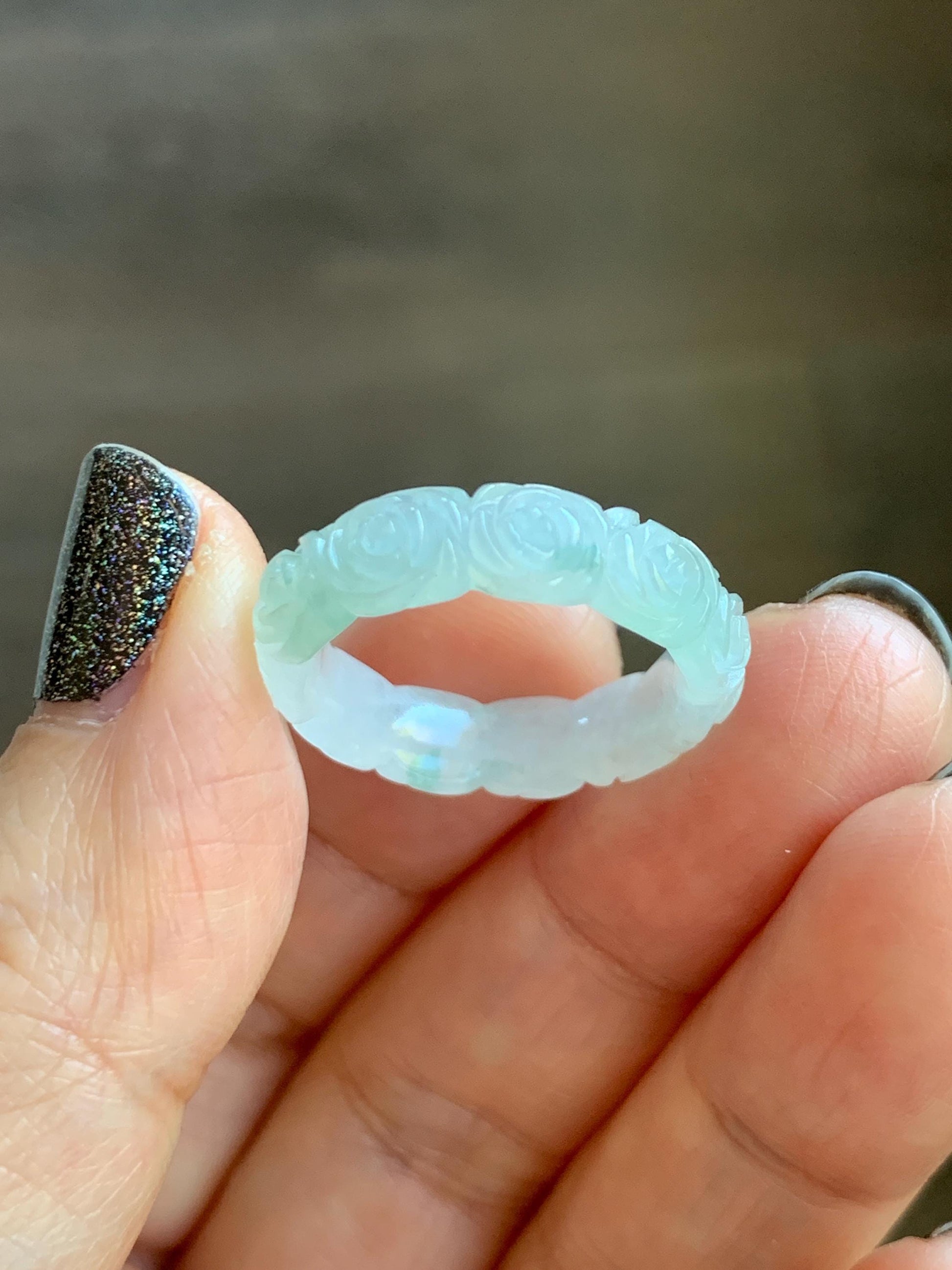 Certified Grade A Natural Icy Translucent White Green Marbled Jade Jadeite Carved Rose Band Ring Comfort Fit Size 7 US 天然白冰胶飘花翡翠玫瑰花戒圈 105