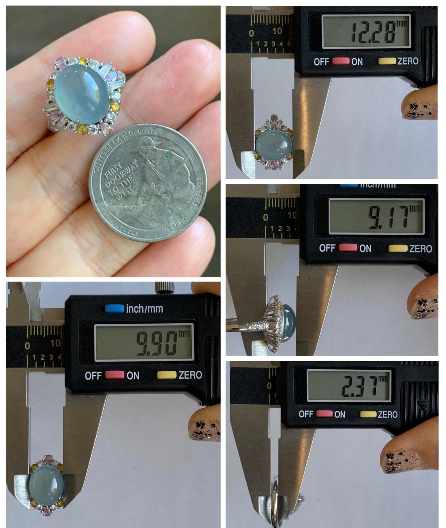 Natural Grade A Guatemalan Icy Translucent Light Teal Blue Oval Jade Jadeite Ring Sterling Silver Size Adjustable 天然冰危蓝翡翠银镶戒指 LDB165B