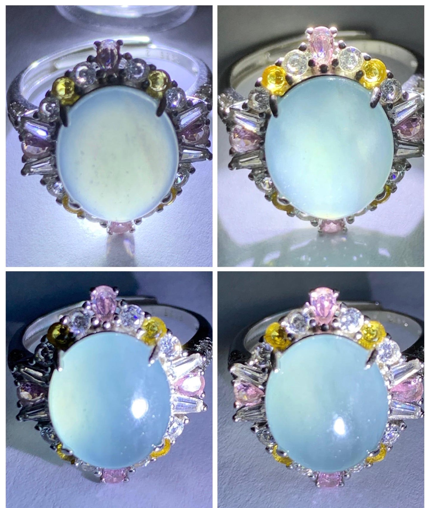 Natural Grade A Guatemalan Icy Translucent Light Teal Blue Oval Jade Jadeite Ring Sterling Silver Size Adjustable 天然冰危蓝翡翠银镶戒指 LDB165B