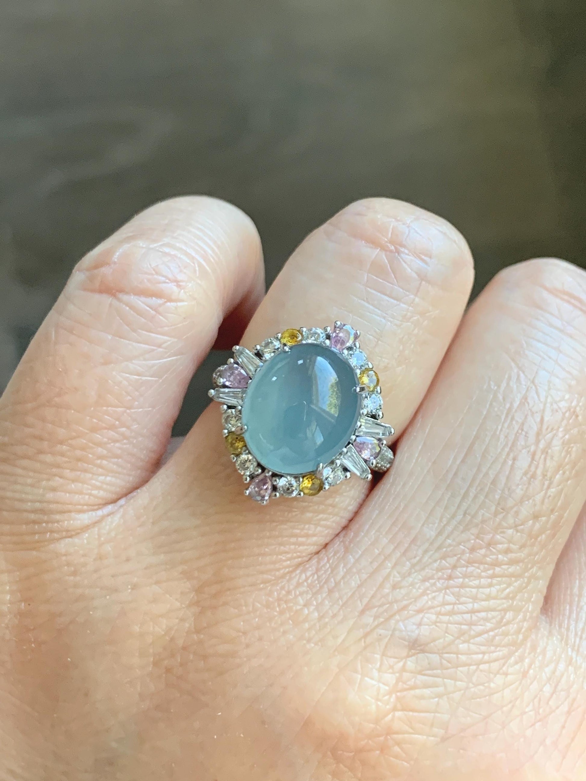 Natural Grade A Guatemalan Icy Translucent Light Teal Blue Oval Jade Jadeite Ring Sterling Silver Size Adjustable 天然冰危蓝翡翠银镶戒指 LDB165B
