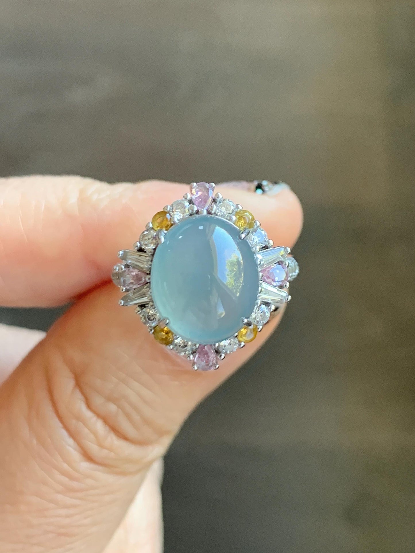 Natural Grade A Guatemalan Icy Translucent Light Teal Blue Oval Jade Jadeite Ring Sterling Silver Size Adjustable 天然冰危蓝翡翠银镶戒指 LDB165B