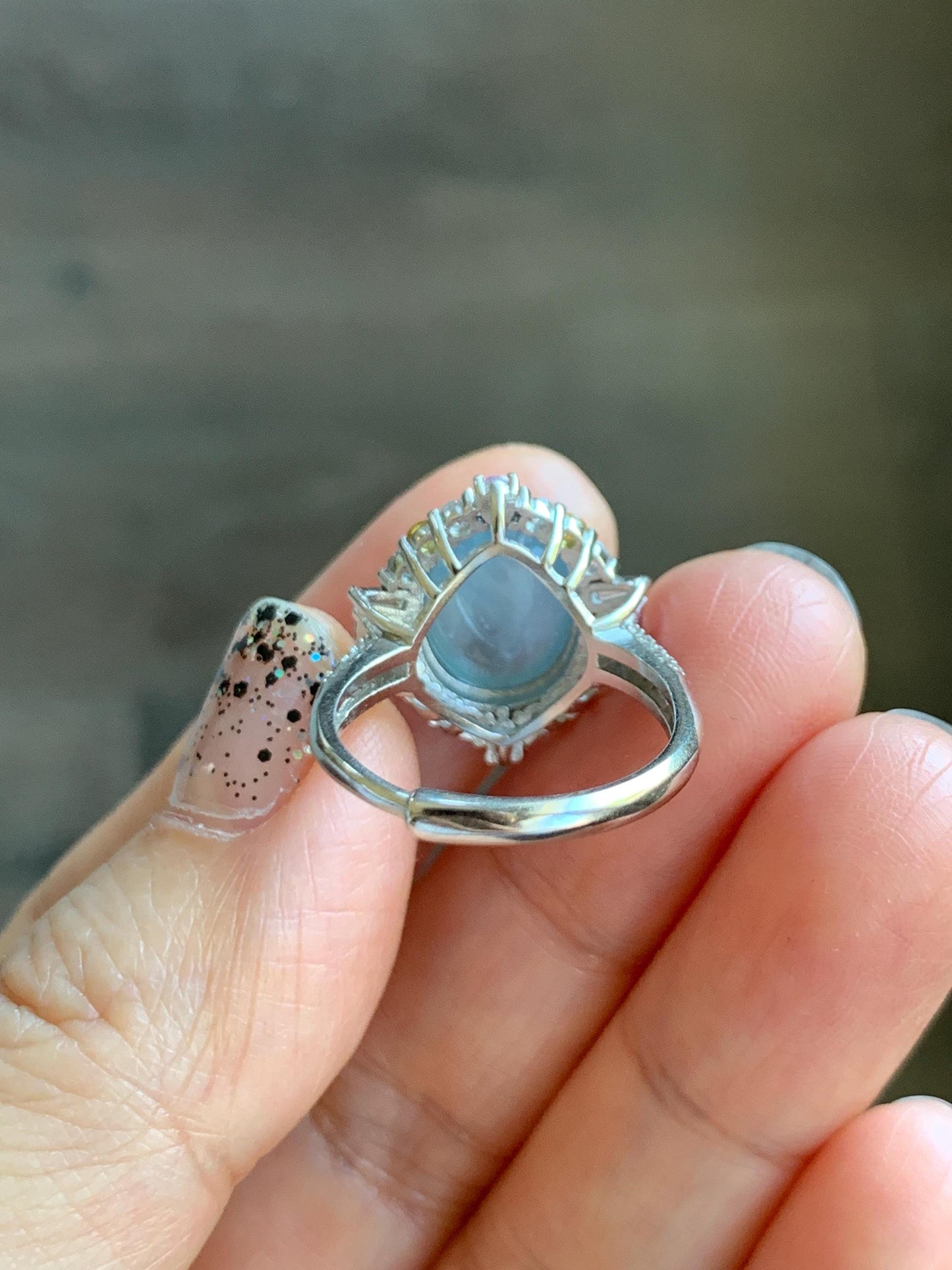 Natural Grade A Guatemalan Icy Translucent Light Teal Blue Oval Jade Jadeite Ring Sterling Silver Size Adjustable 天然冰危蓝翡翠银镶戒指 LDB165B