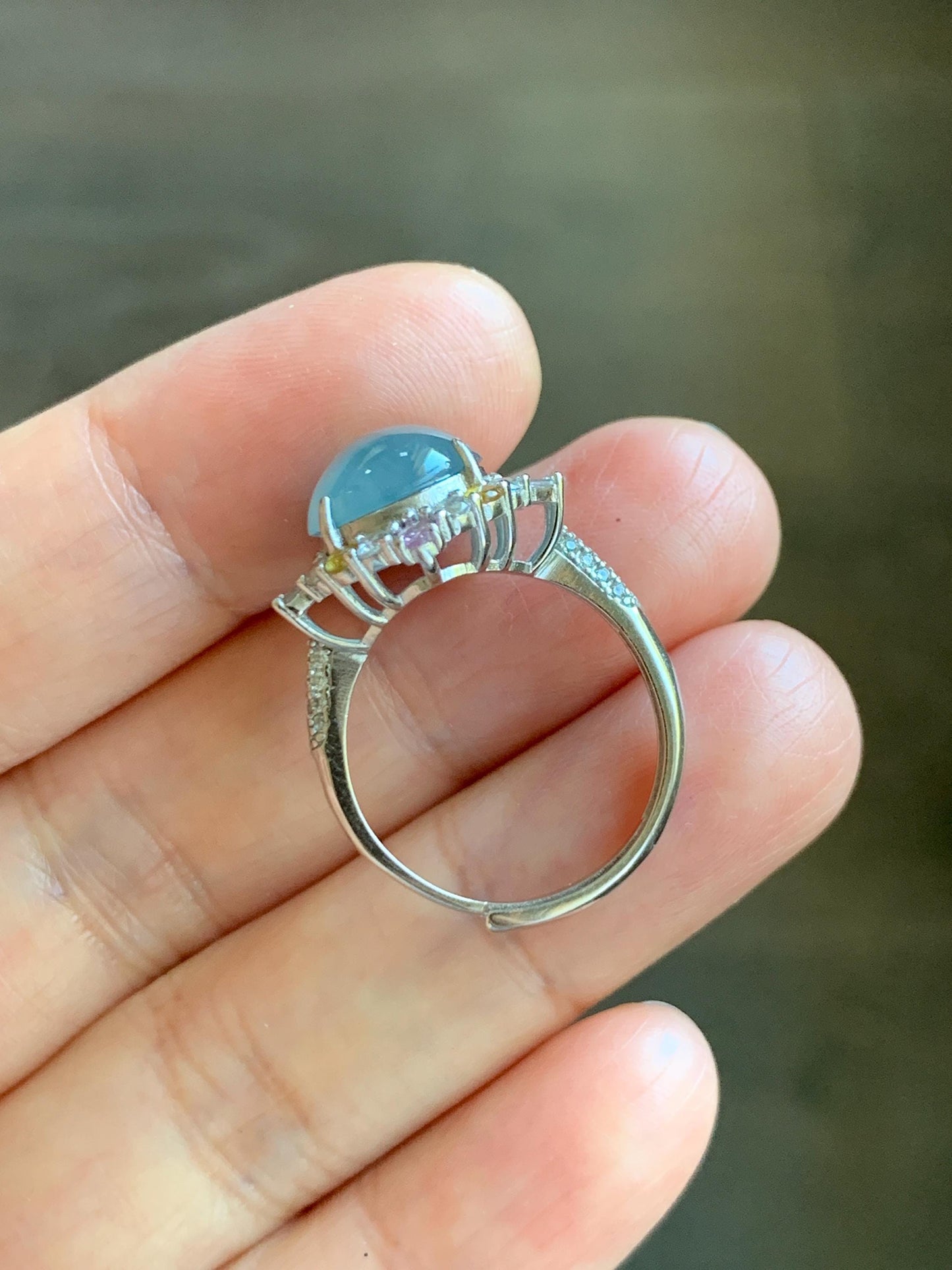 Natural Grade A Guatemalan Icy Translucent Light Teal Blue Oval Jade Jadeite Ring Sterling Silver Size Adjustable 天然冰危蓝翡翠银镶戒指 LDB165B